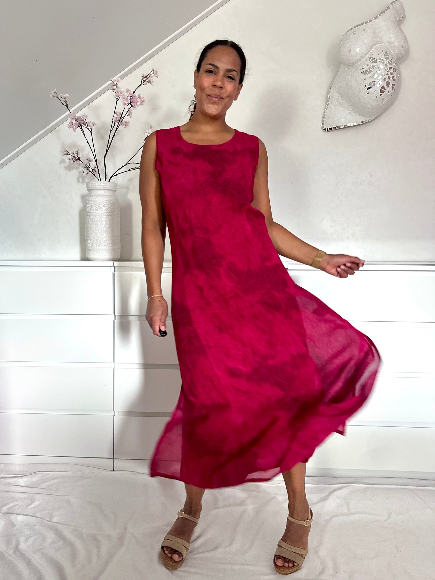 Vintage Bordeaux rode mesh maxi-jurk - L/XL