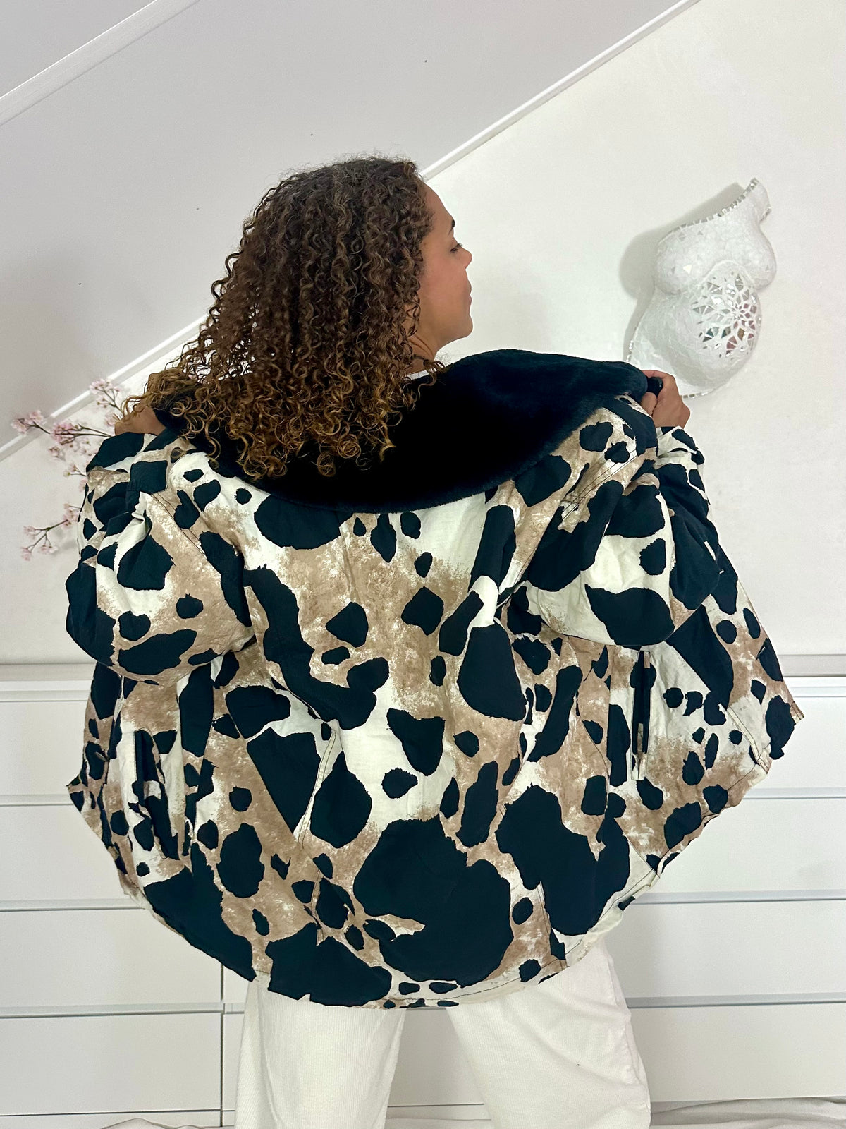 Vintage giraffe print puffer jack met faux fur kraag - L/XL
