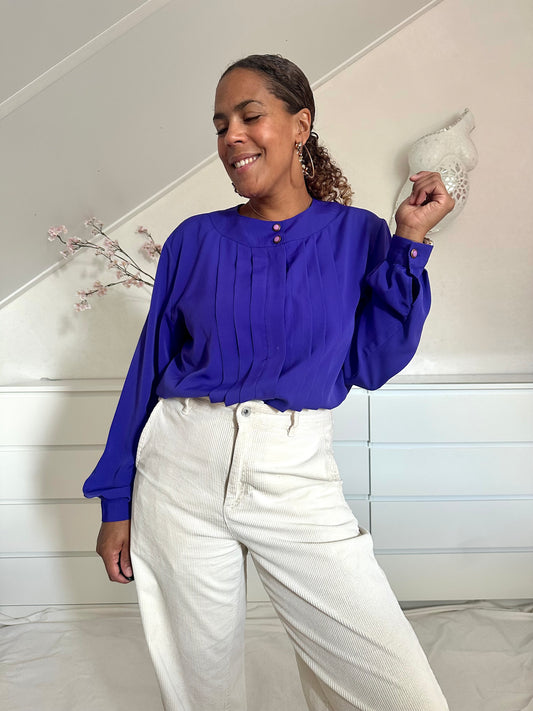 Vintage diep paarse blouse met plooien - XL