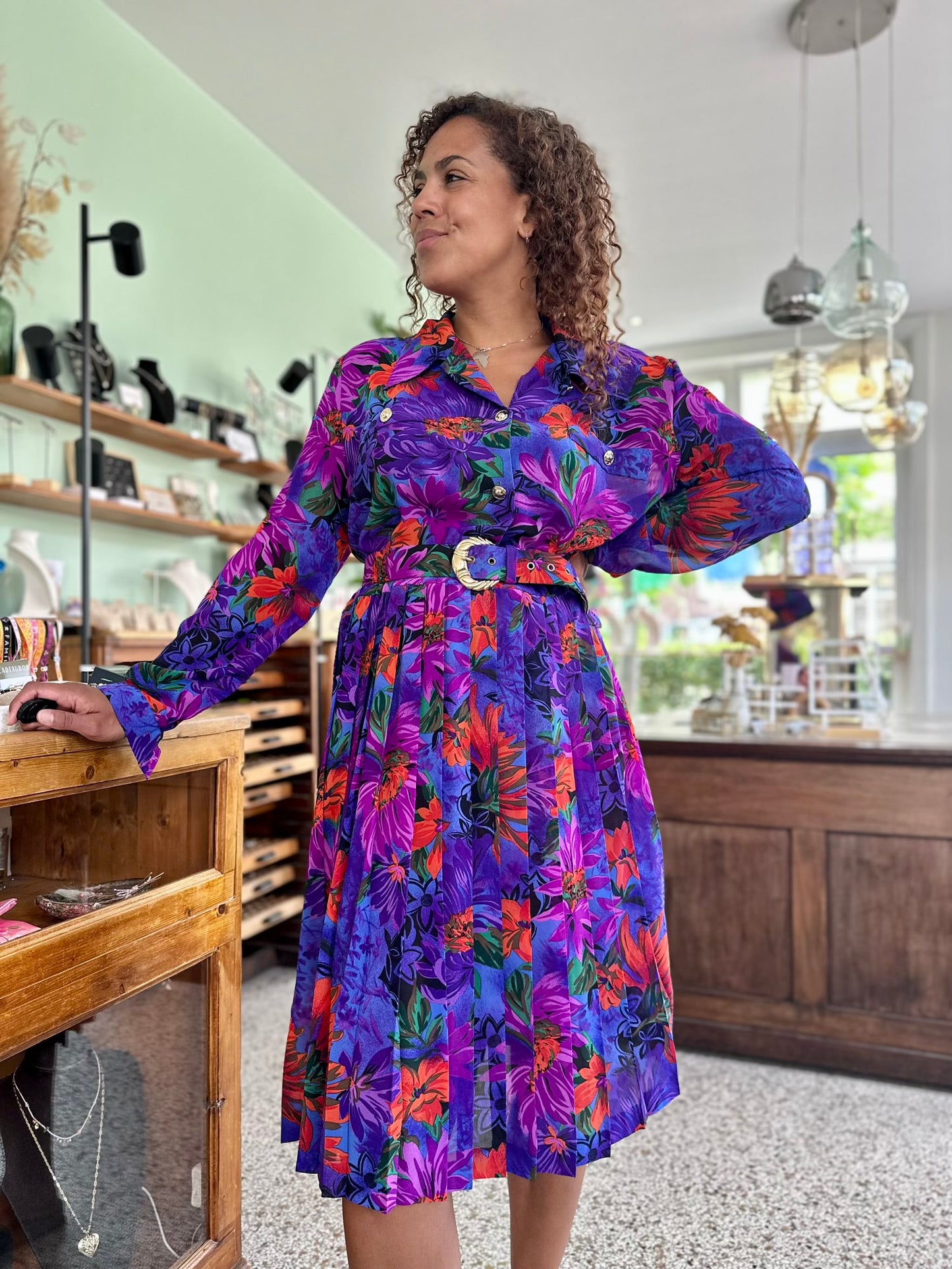 Vintage bloemen plissé-jurk