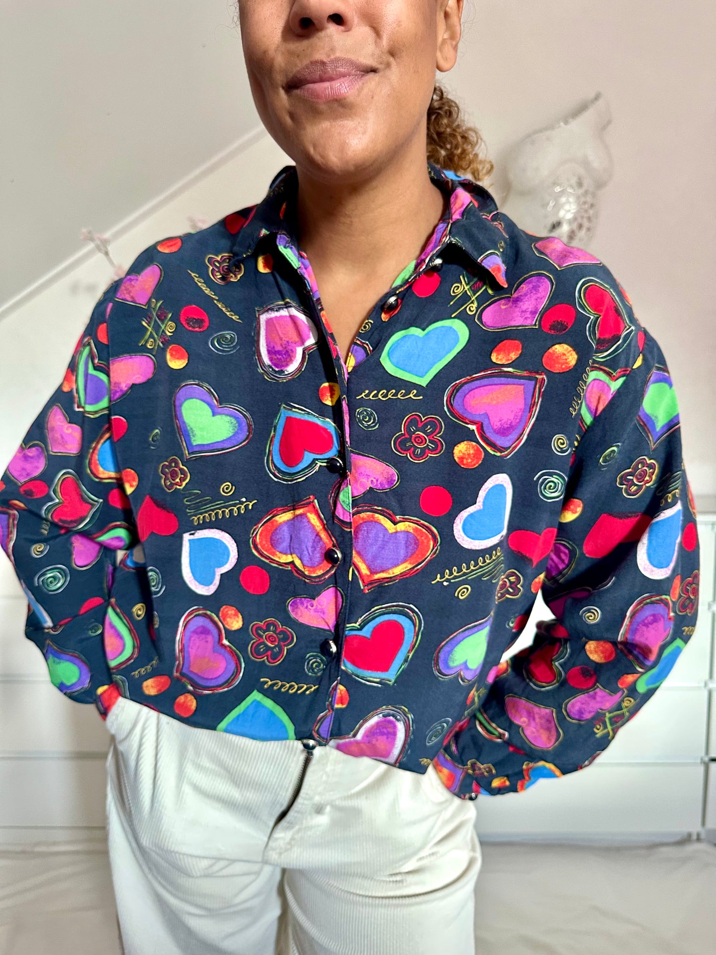 Vintage viscose blouse met hartjes - XL/XXL
