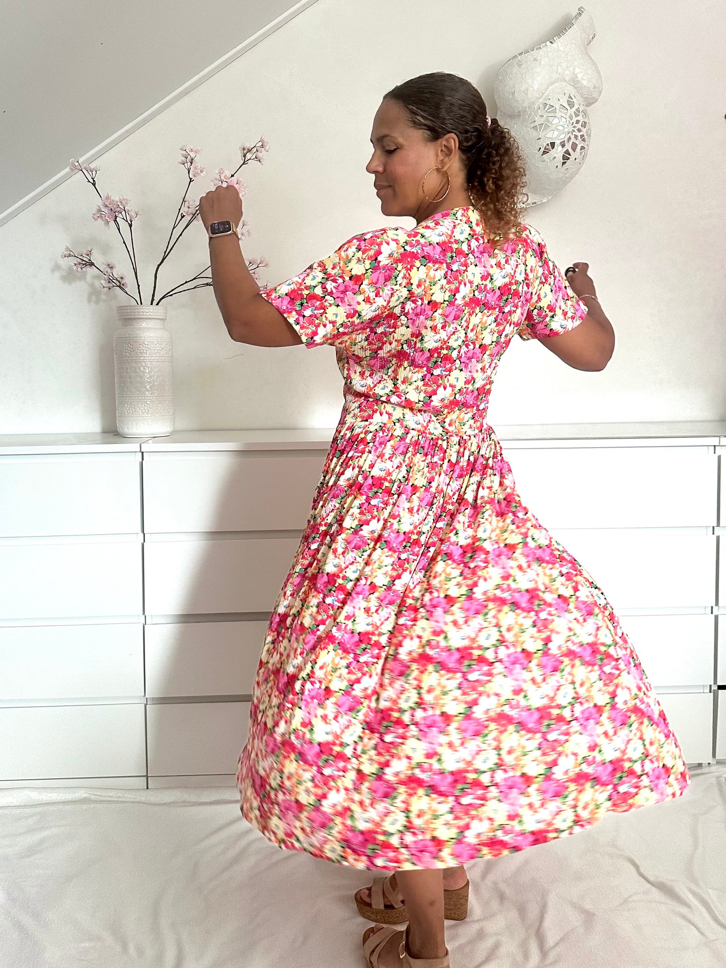 Vintage viscose zomerjurk met verfijnde bloemenprint - XL