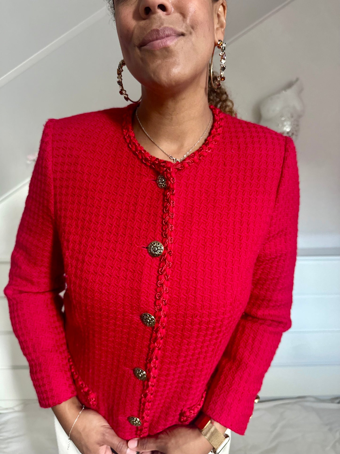 Vintage knalrood bouclé jasje - M
