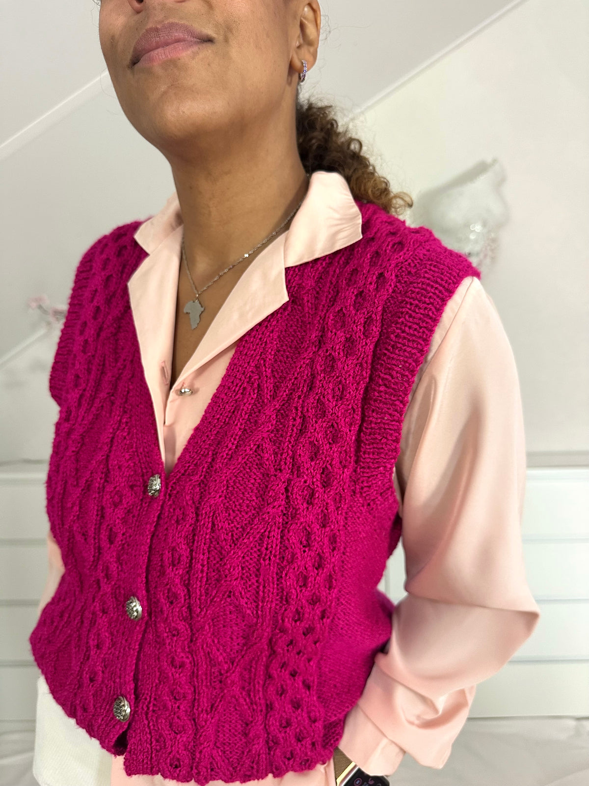 Vintage fuchsia gebreide waistcoat - L