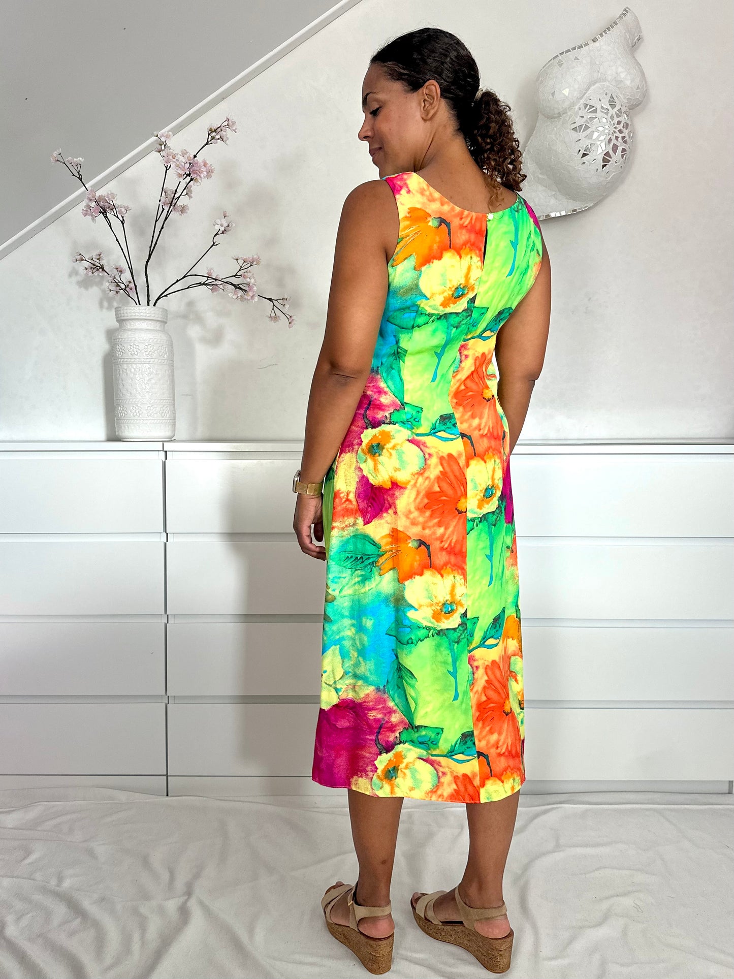Vintage felgekleurde maxi-jurk van viscose - M/L