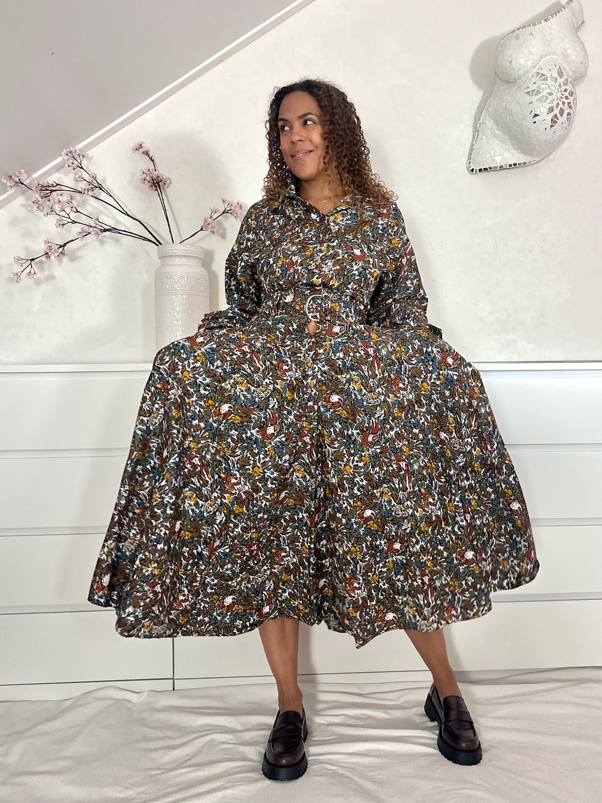 Vintage maxi-jurk in katoen met  botanische vogel print - M