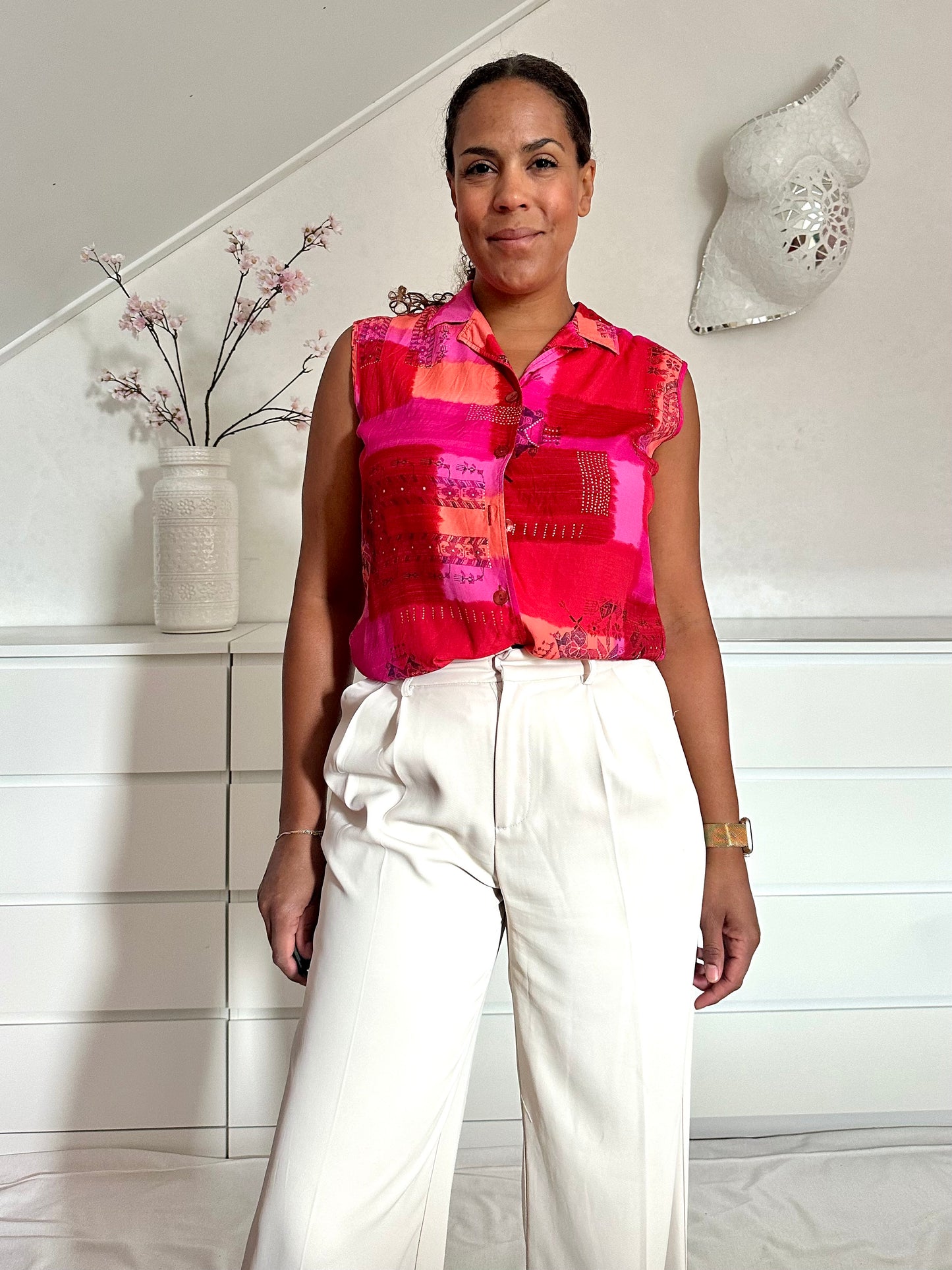 Vintage mouwloze blouse van viscose in koraaltint - M/L