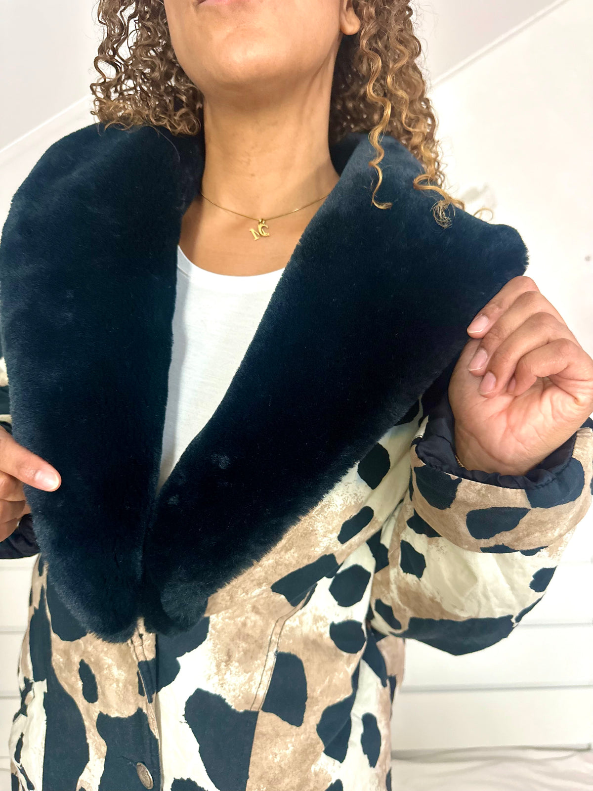 Vintage giraffe print puffer jack met faux fur kraag - L/XL