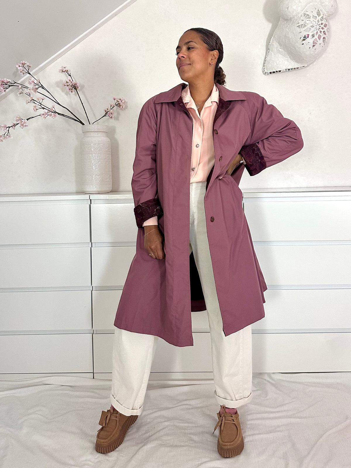 Vintage oudroze gevoerde trenchcoat - L/XL