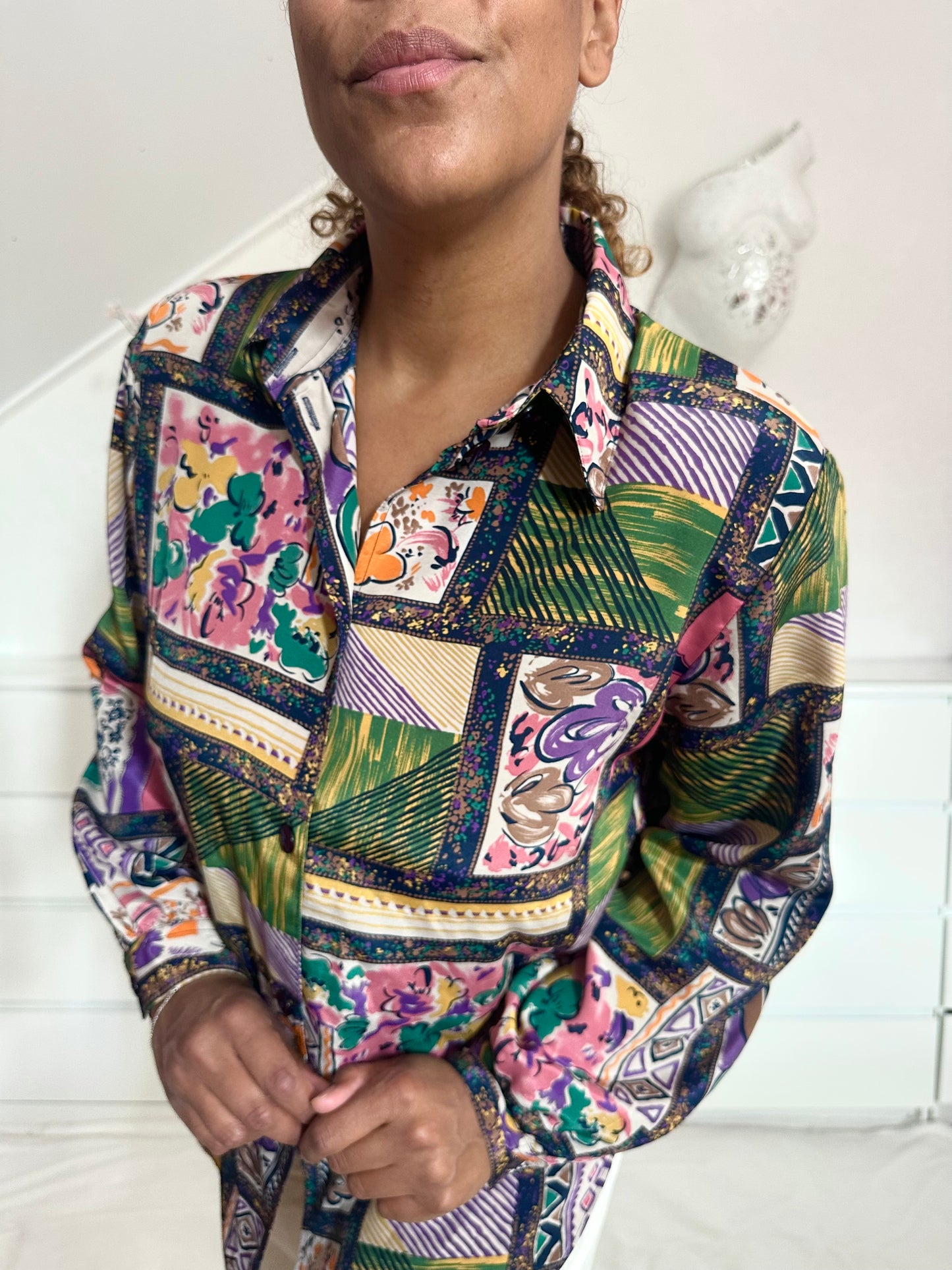Vintage patchwork print blouse in oker en groen - L