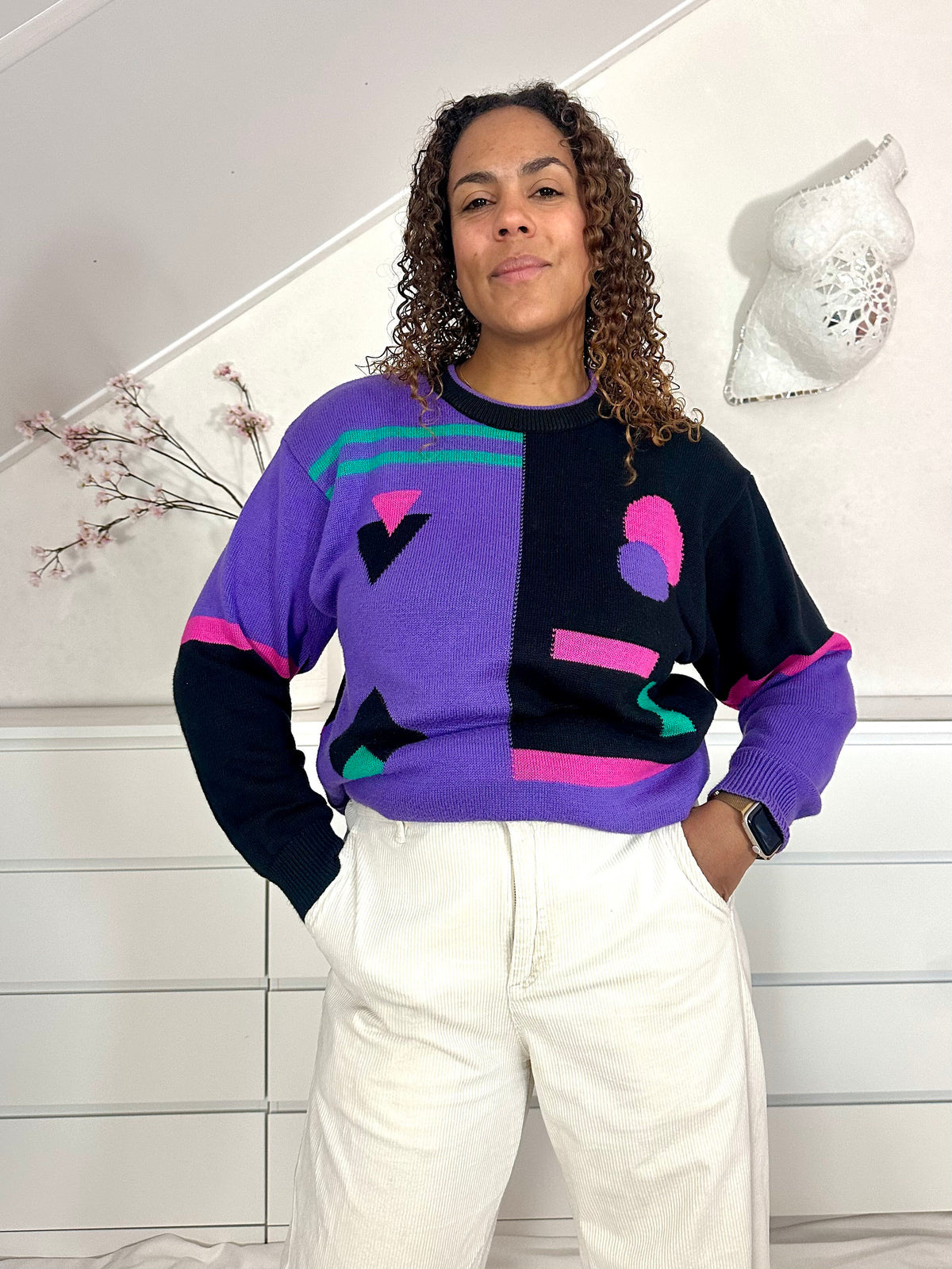 Vintage lange gebreide trui met 80’s print - XL/XXL