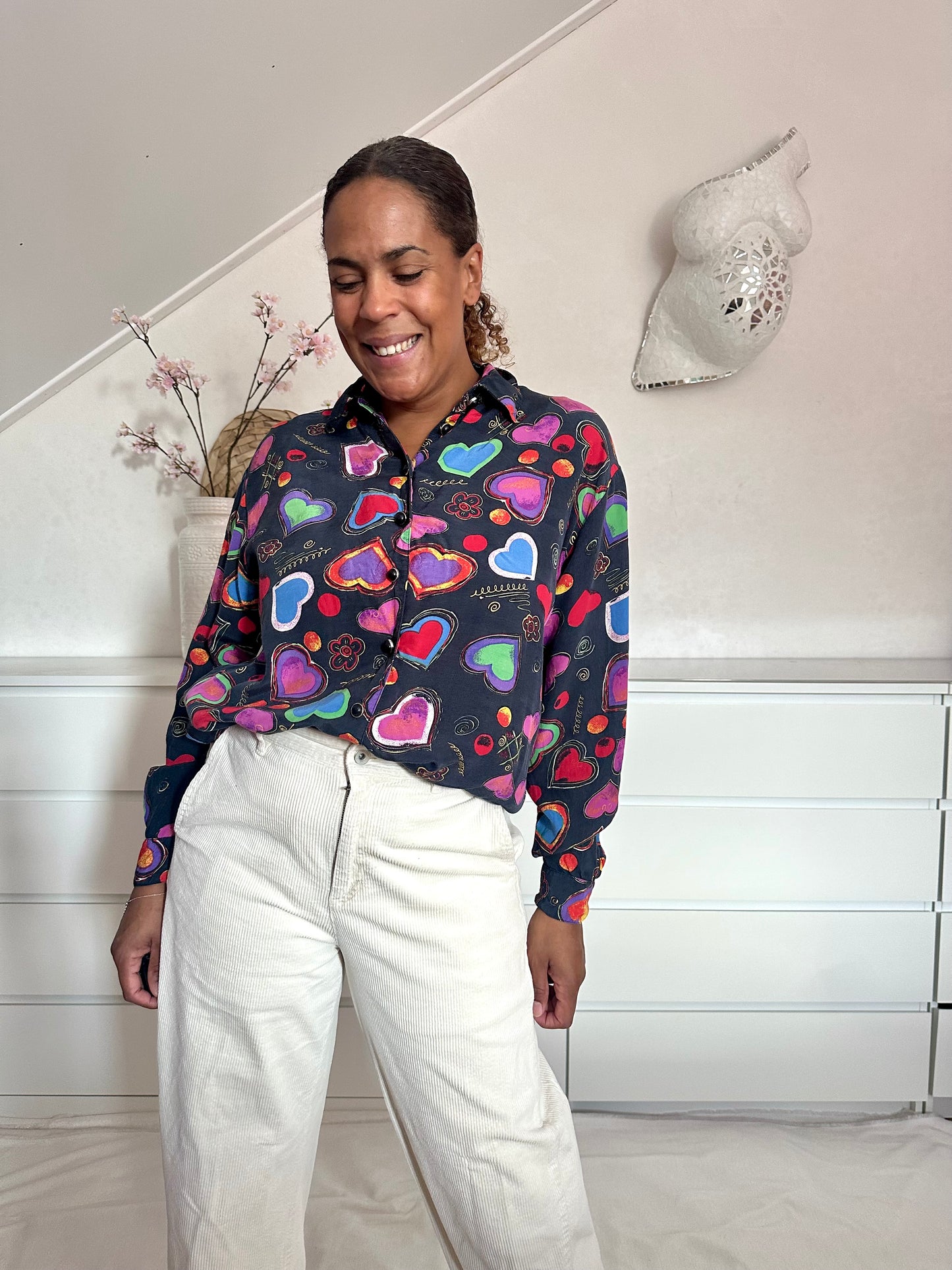 Vintage viscose blouse met hartjes - XL/XXL