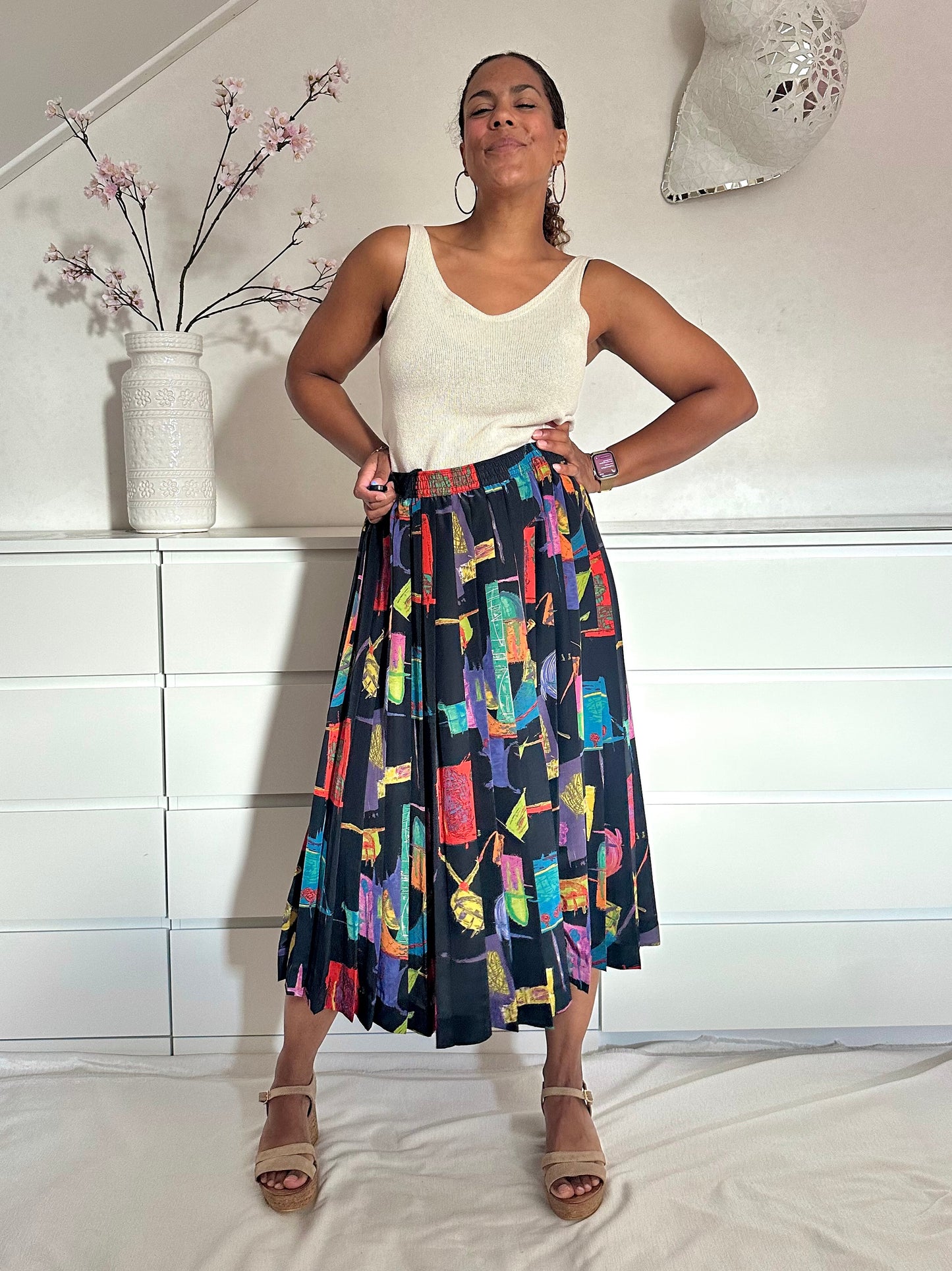 Vintage plus size midi-rok met abstracte print - XL/XXL