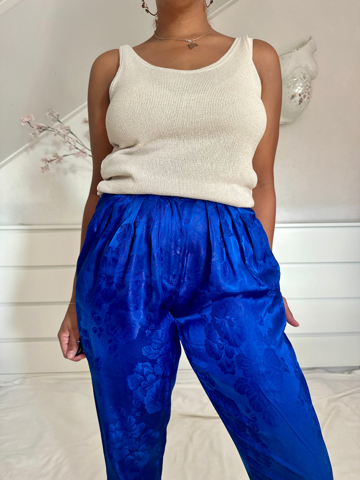 Vintage kobalt blauwe high waist broek met print - XS-S