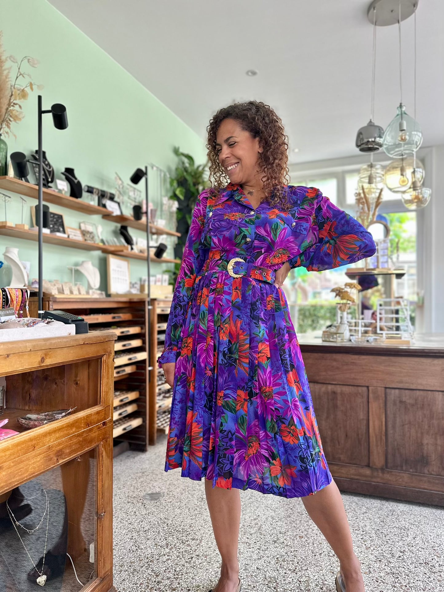 Vintage bloemen plissé-jurk