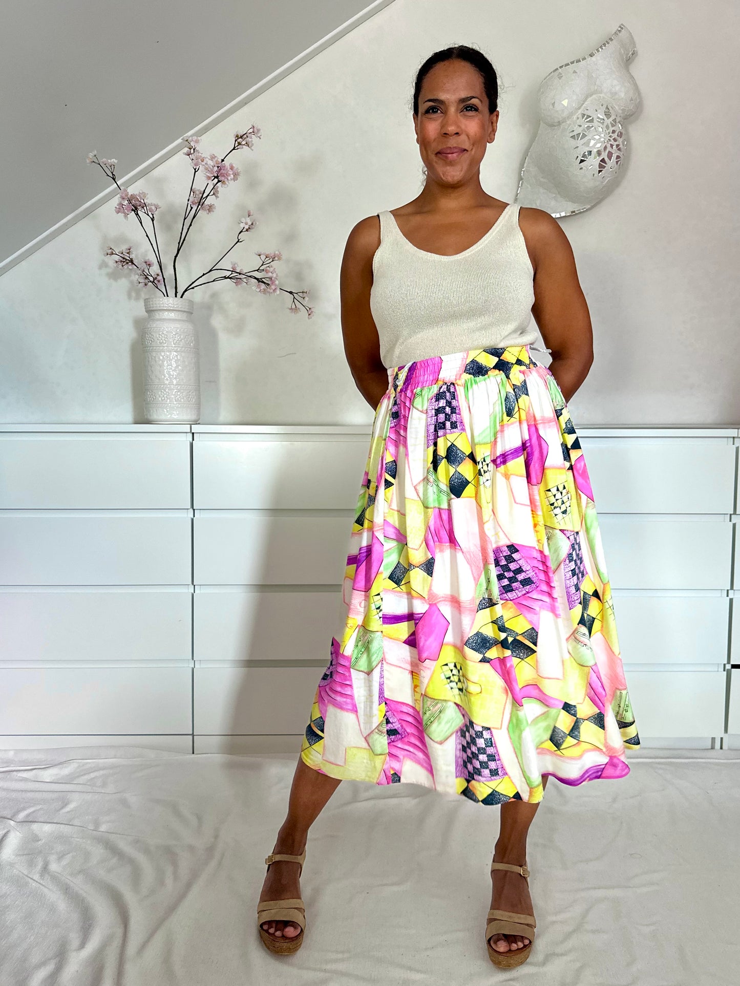 Vintage viscose rok in pasteltinten - M/L