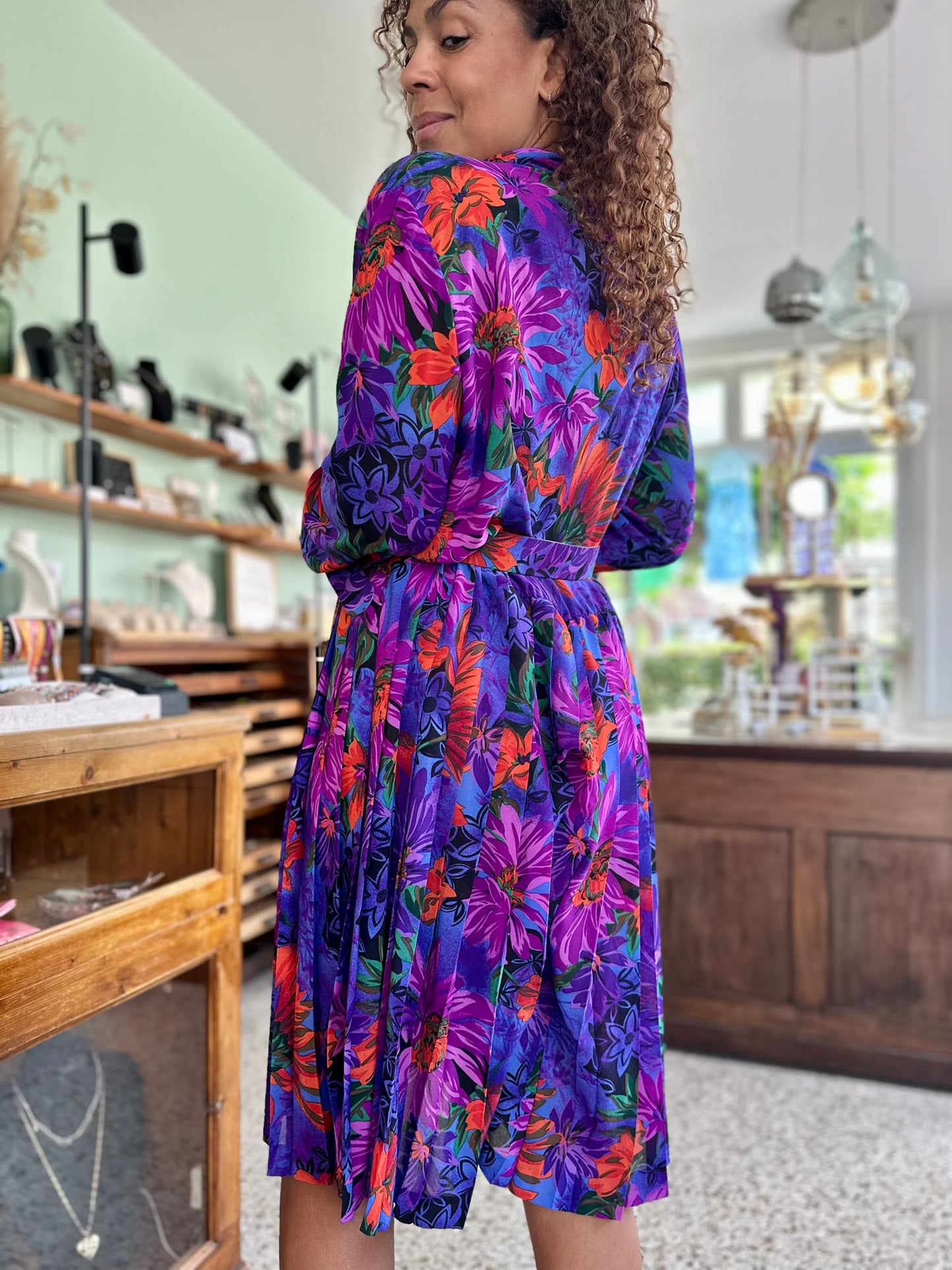 Vintage bloemen plissé-jurk