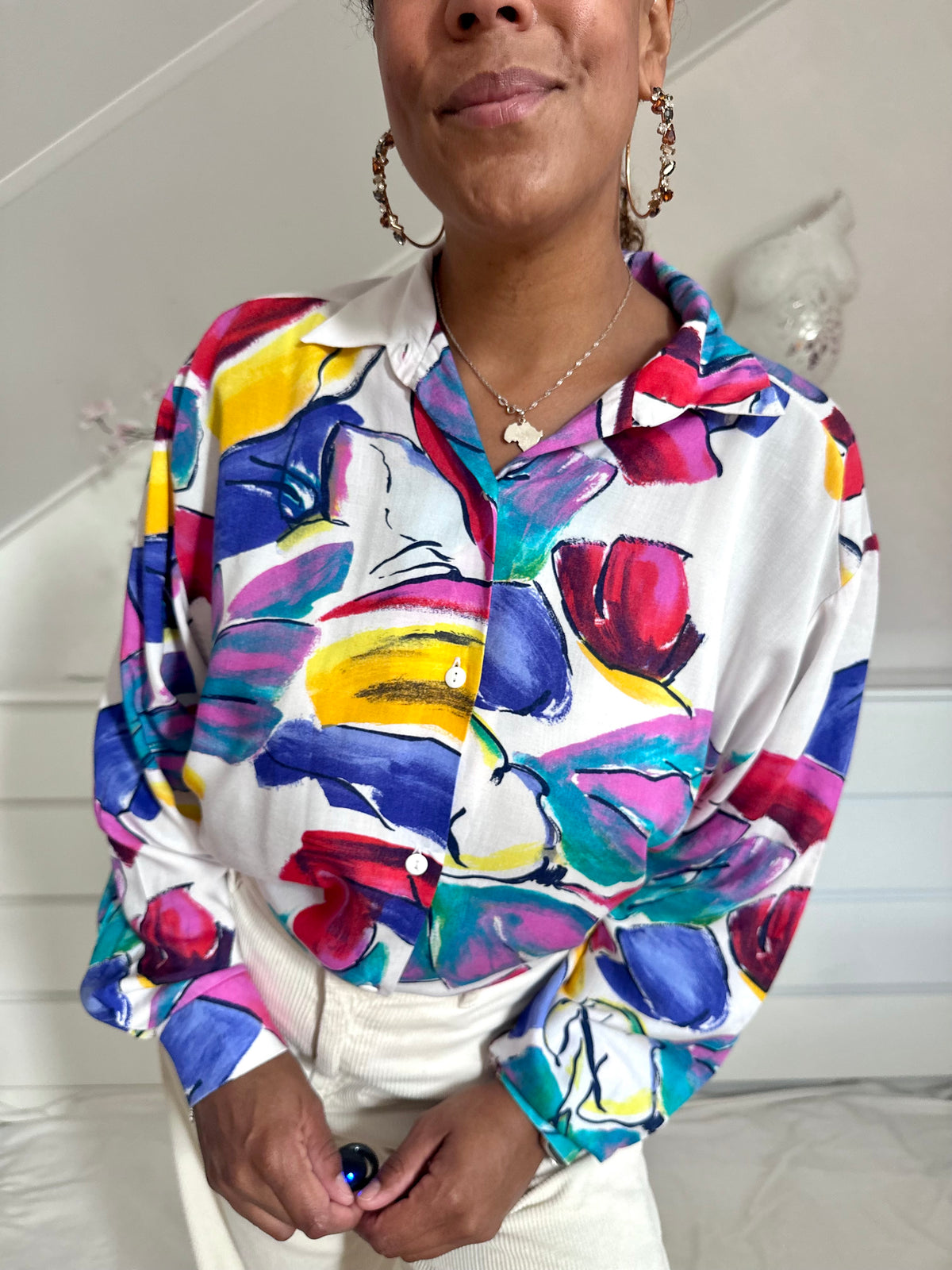 Vintage viscose blouse met abstracte print - XL/XXL
