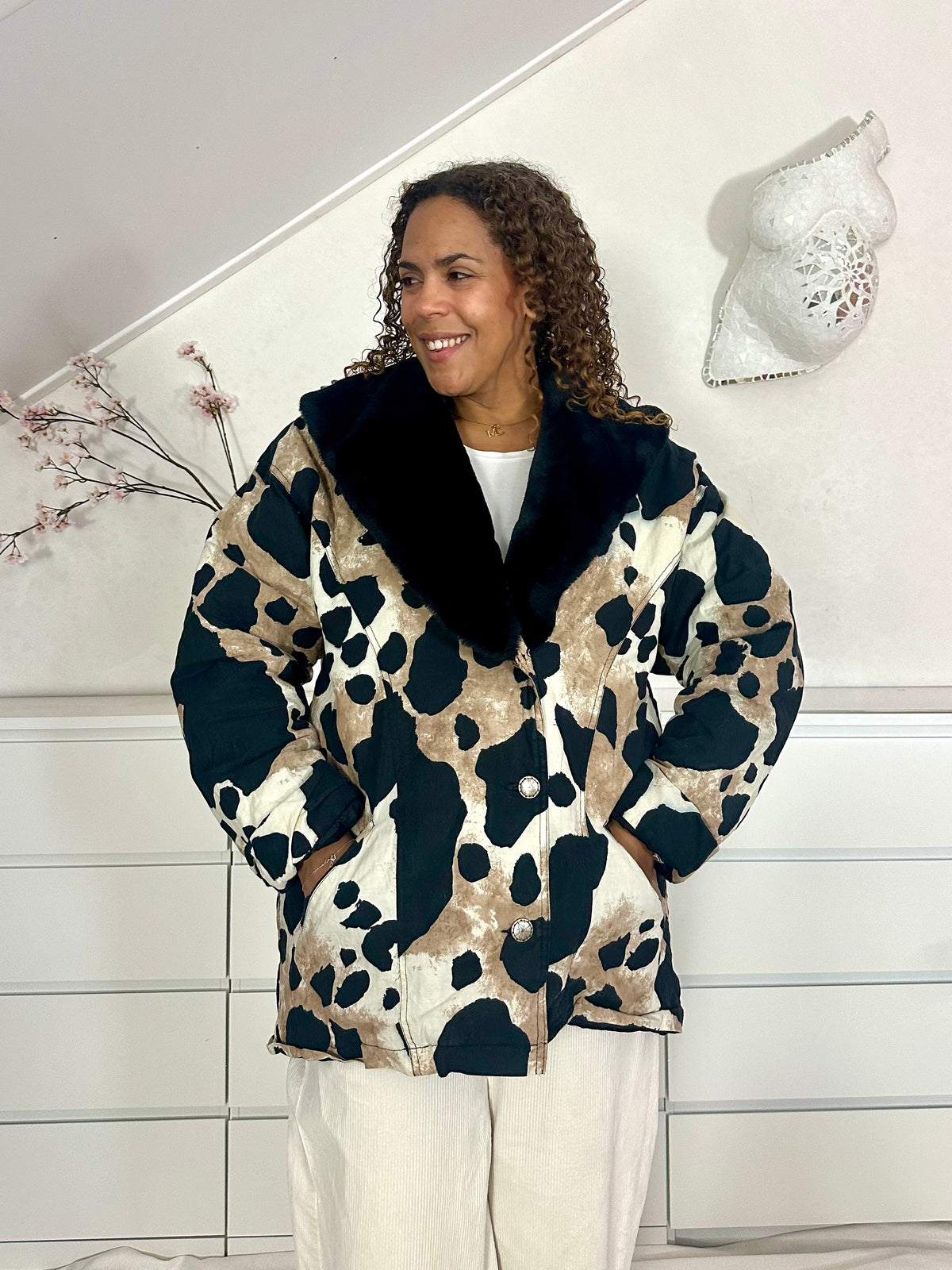 Vintage giraffe print puffer jack met faux fur kraag - L/XL
