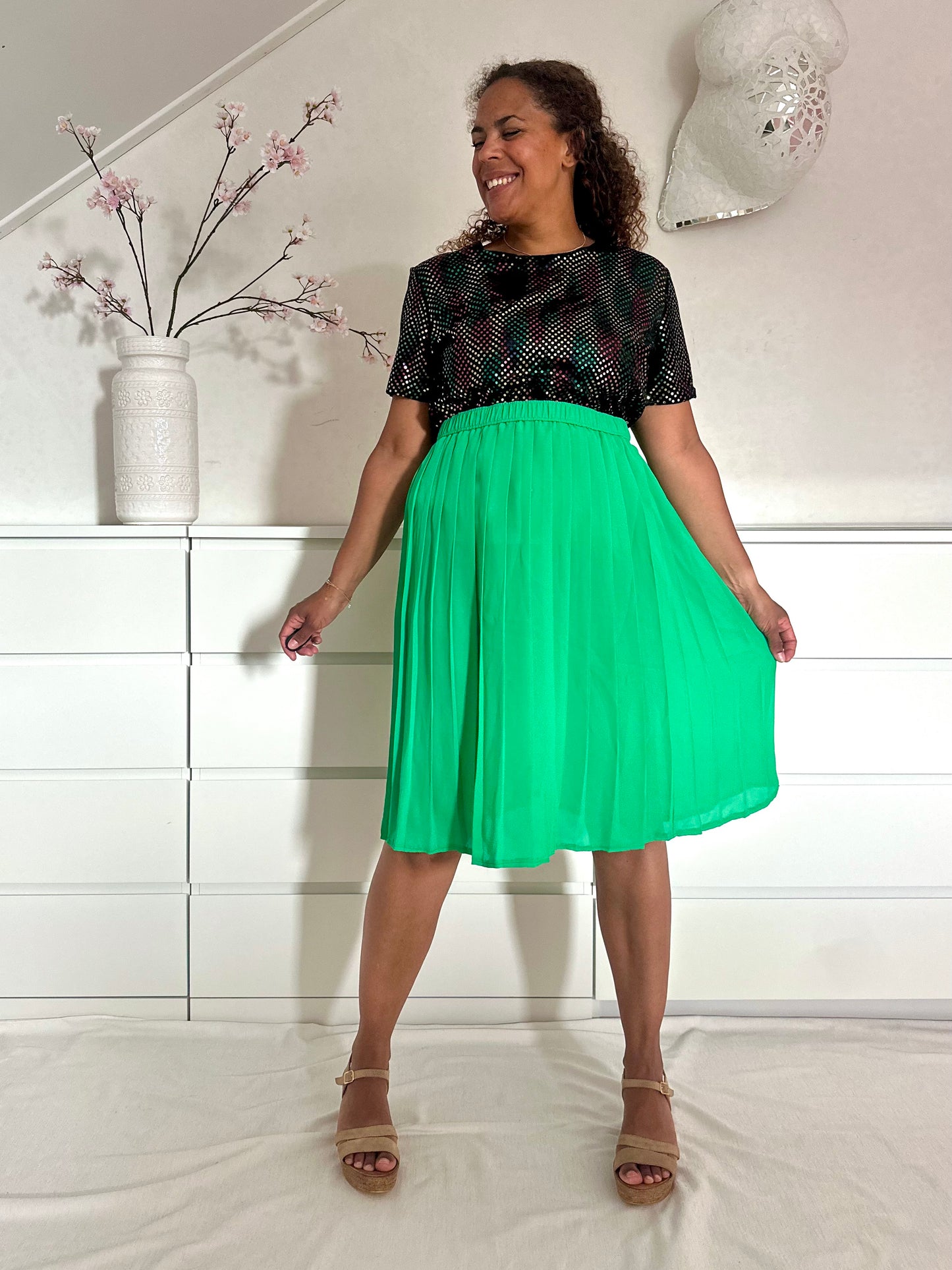Vintage groene midirok met plooien - L/XL