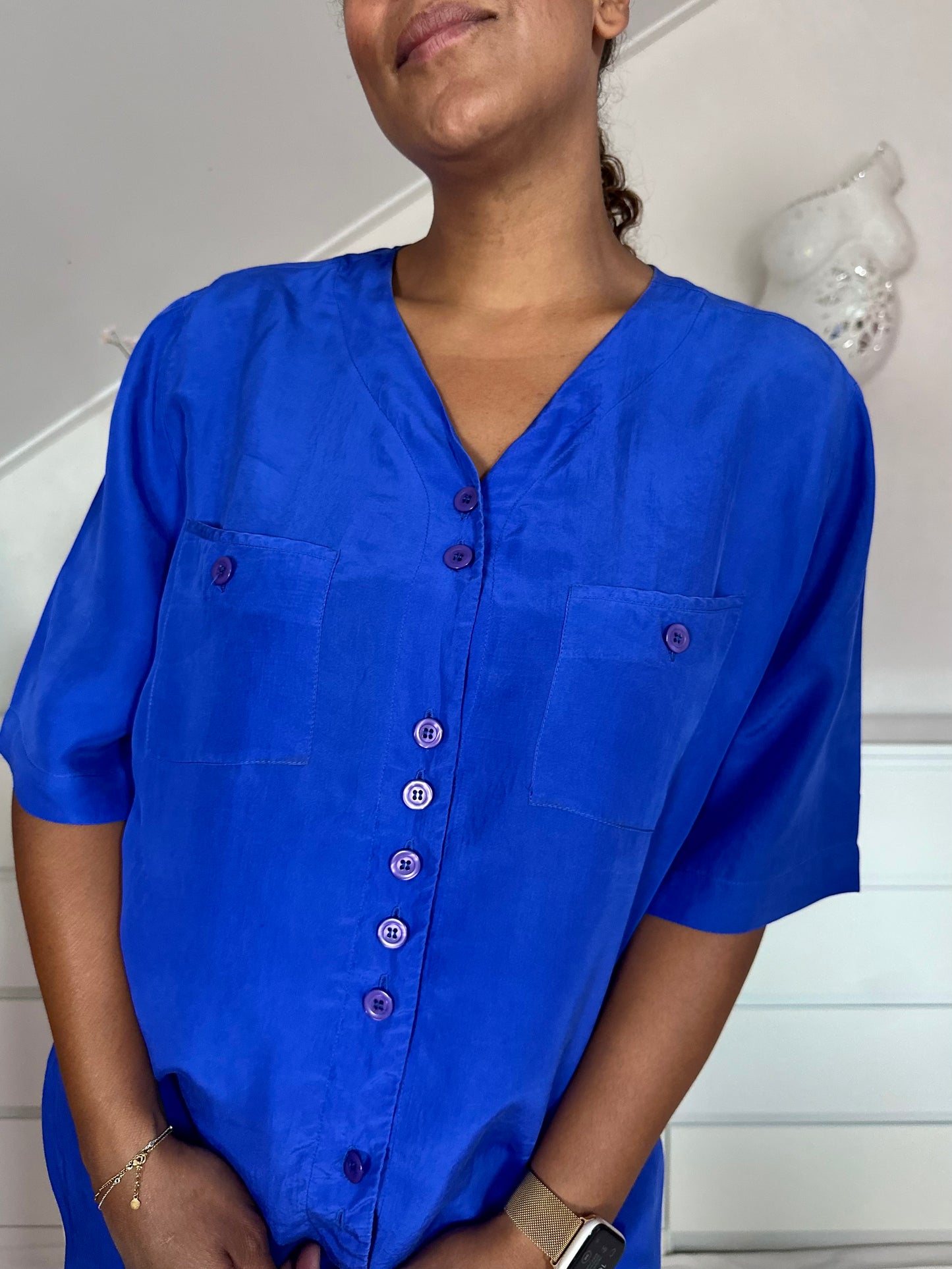 Vintage kobaltblauwe blouse van zijde - XL