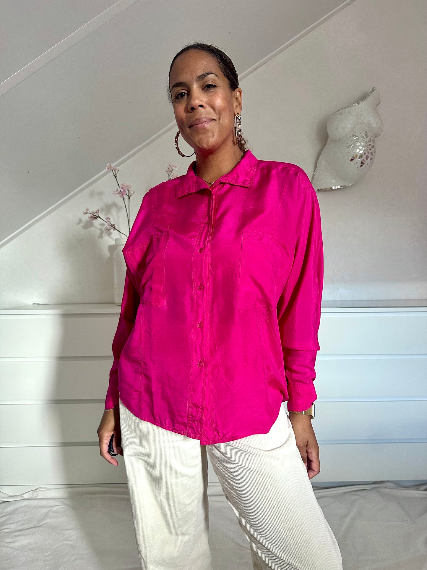 Vintage fuchsia roze zijden blouse met vleermuismouw - L/XL