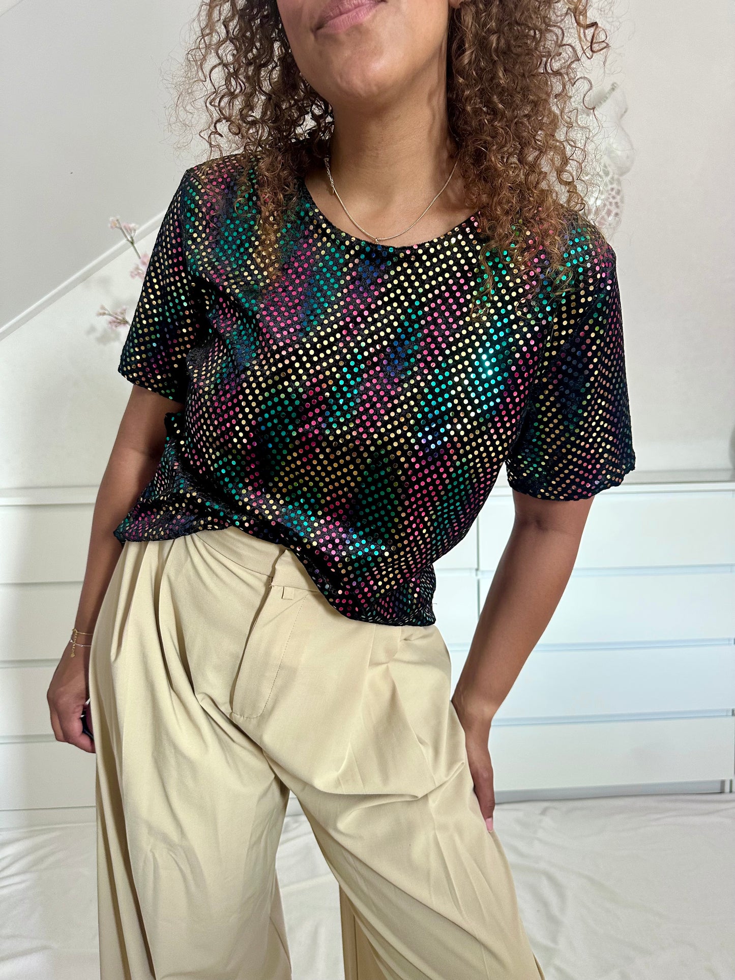Vintage disco pailletten top - M/L