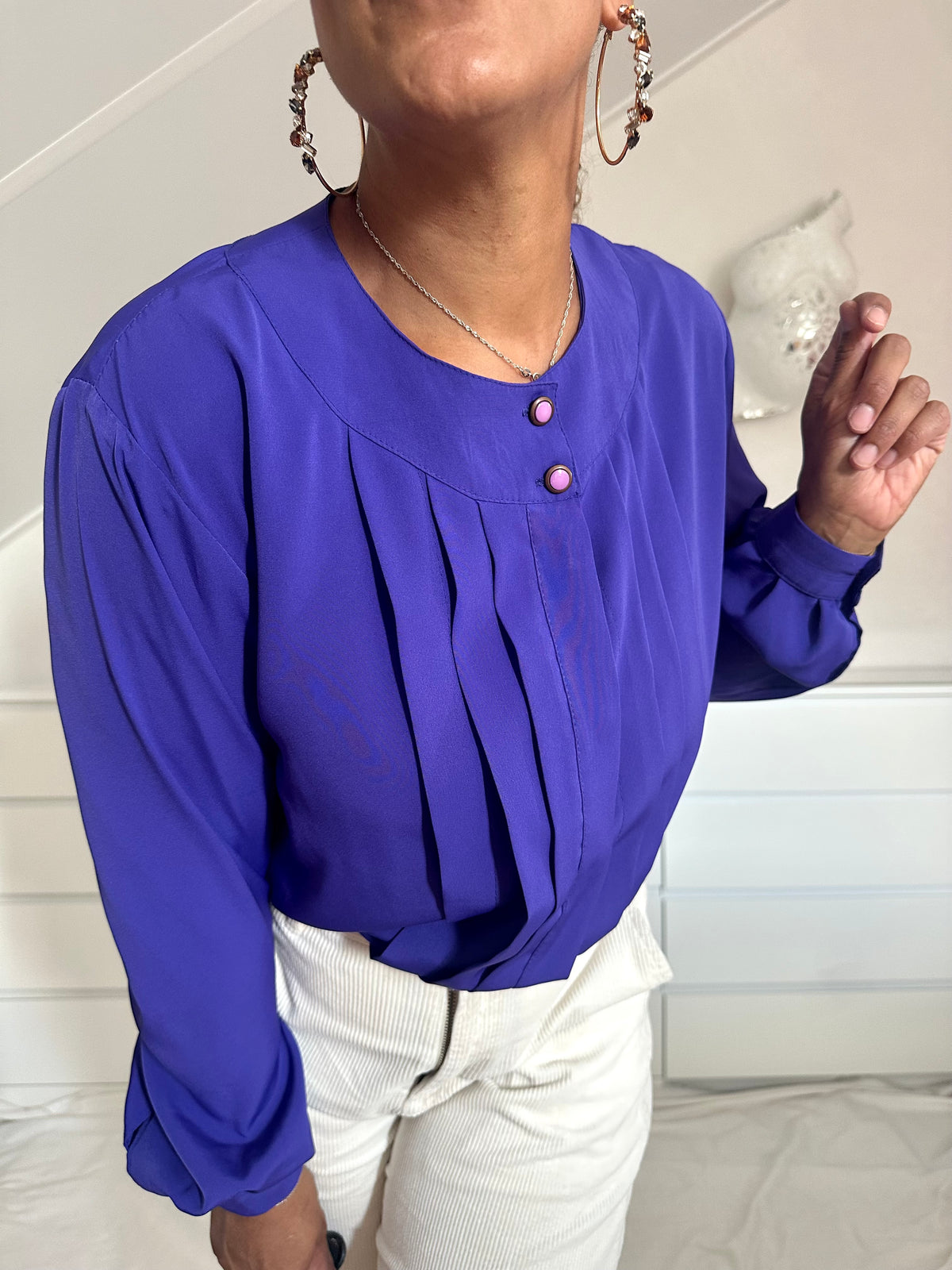 Vintage diep paarse blouse met plooien - XL
