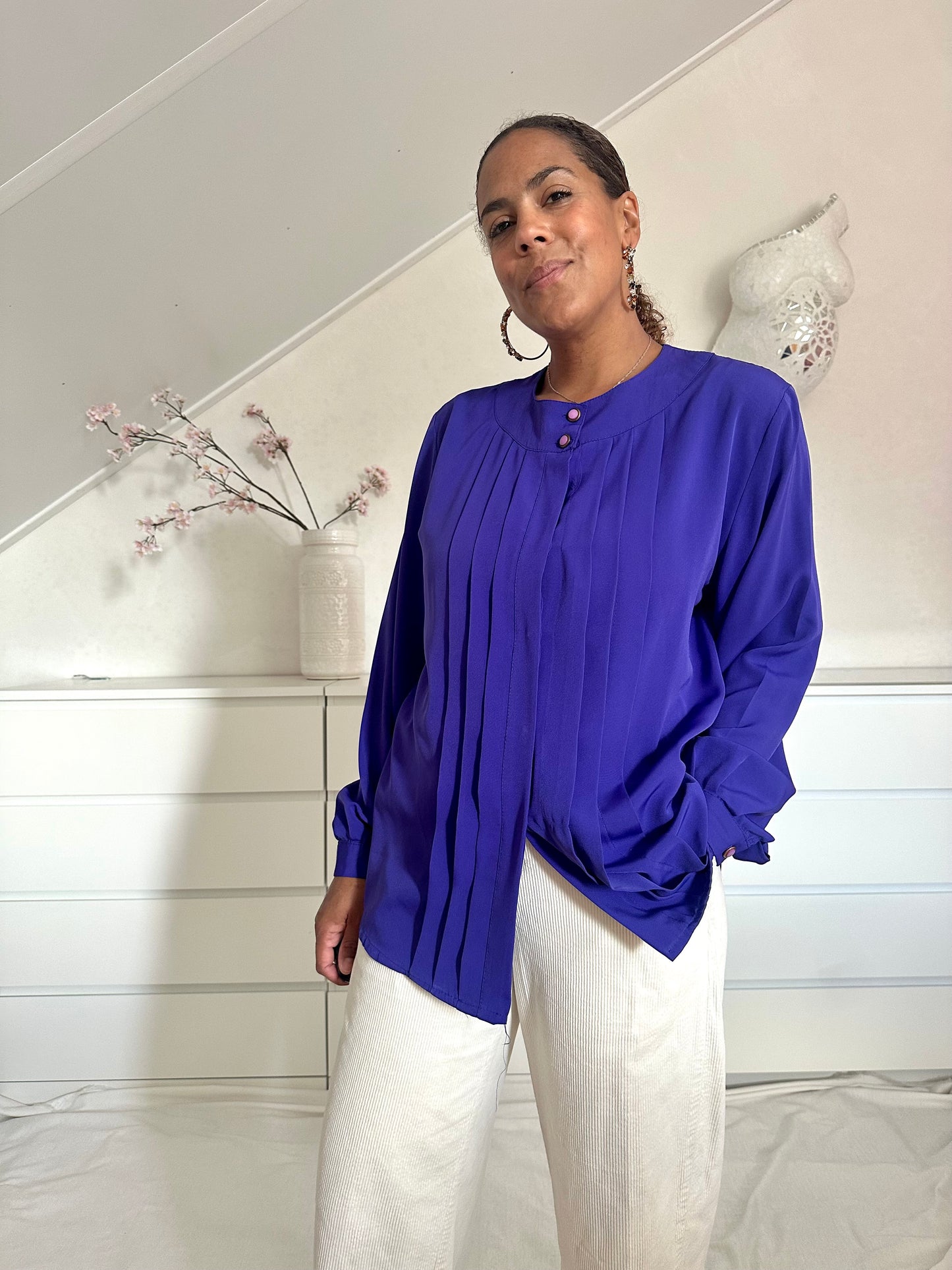 Vintage diep paarse blouse met plooien - XL