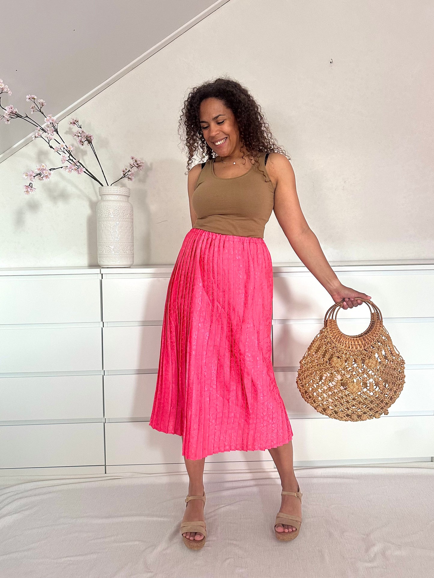 Vintage knalroze plooirok met animal print - M/L