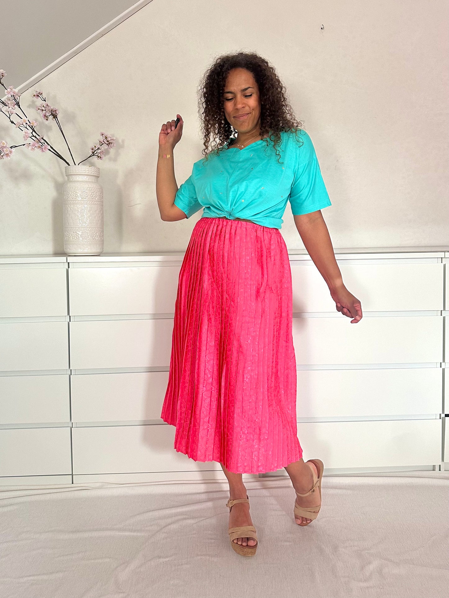 Vintage knalroze plooirok met animal print - M/L