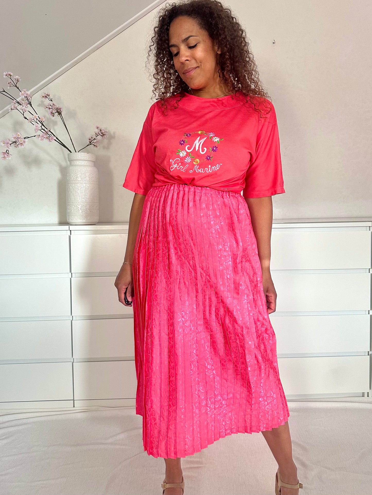 Vintage knalroze plooirok met animal print - M/L