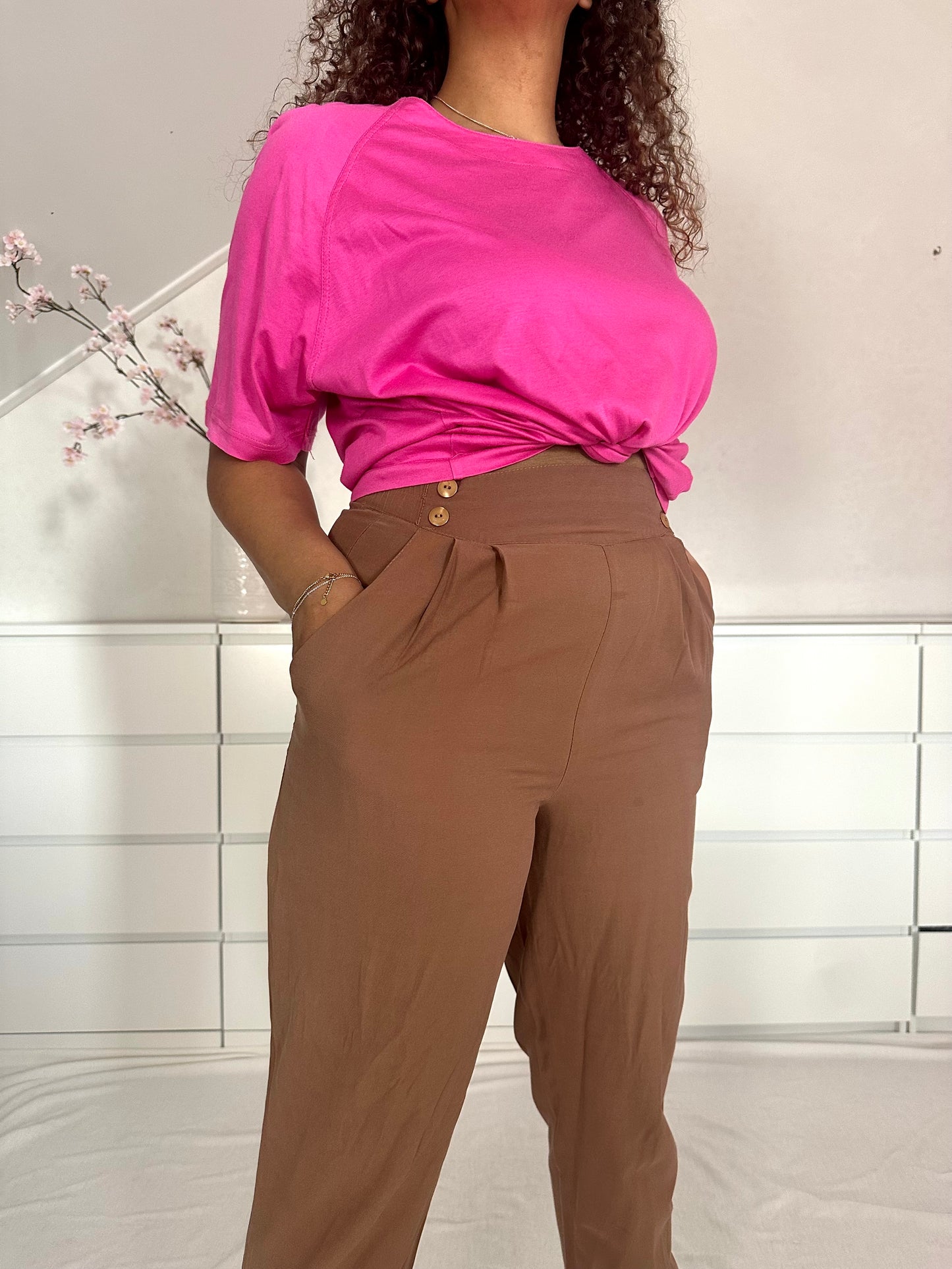 Vintage viscose high waist zomerpantalon - M