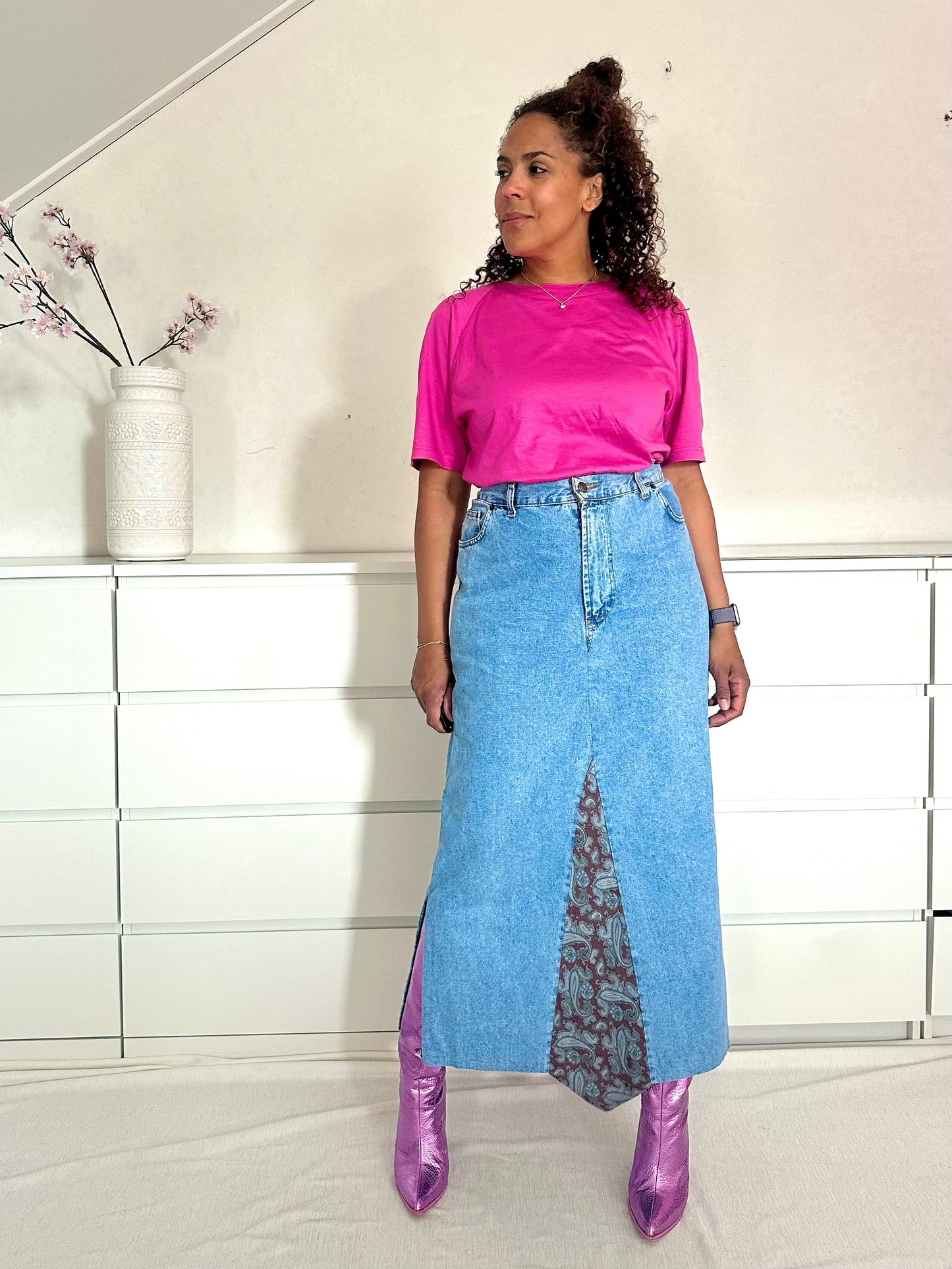 Vintage denim maxi rok met Paisley strook - XL/XXL