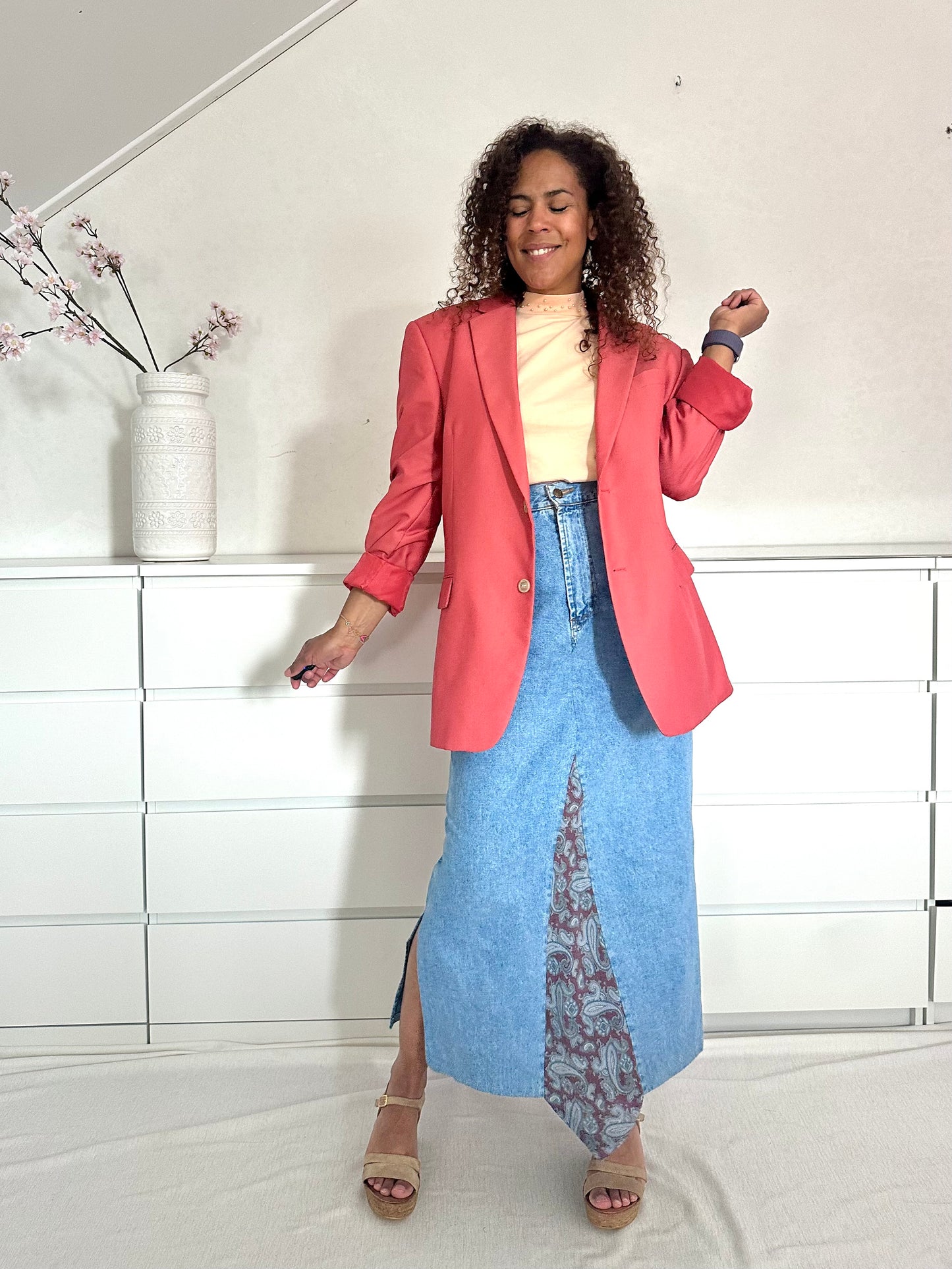 Vintage denim maxi rok met Paisley strook - XL/XXL