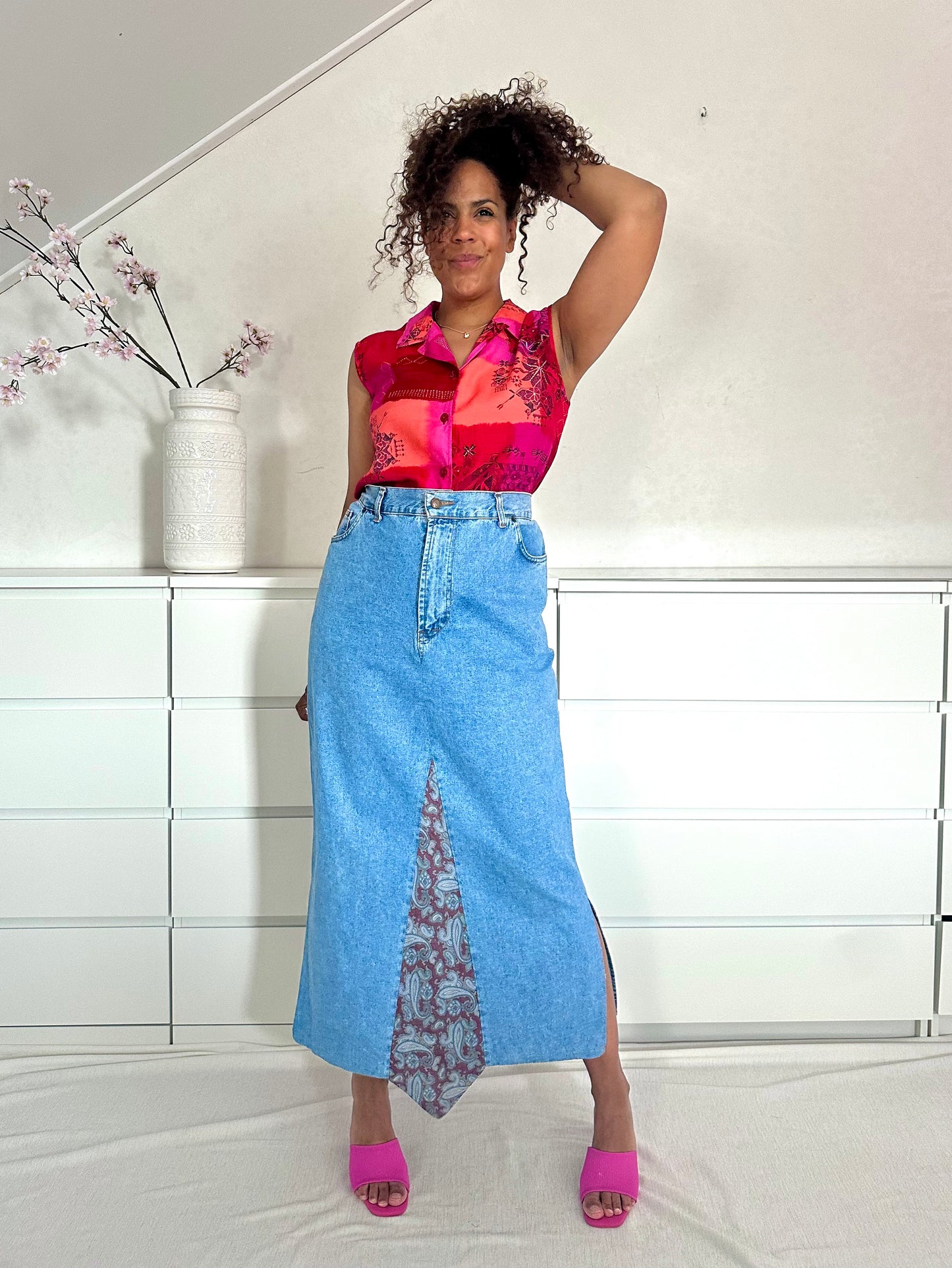 Vintage denim maxi rok met Paisley strook - XL/XXL