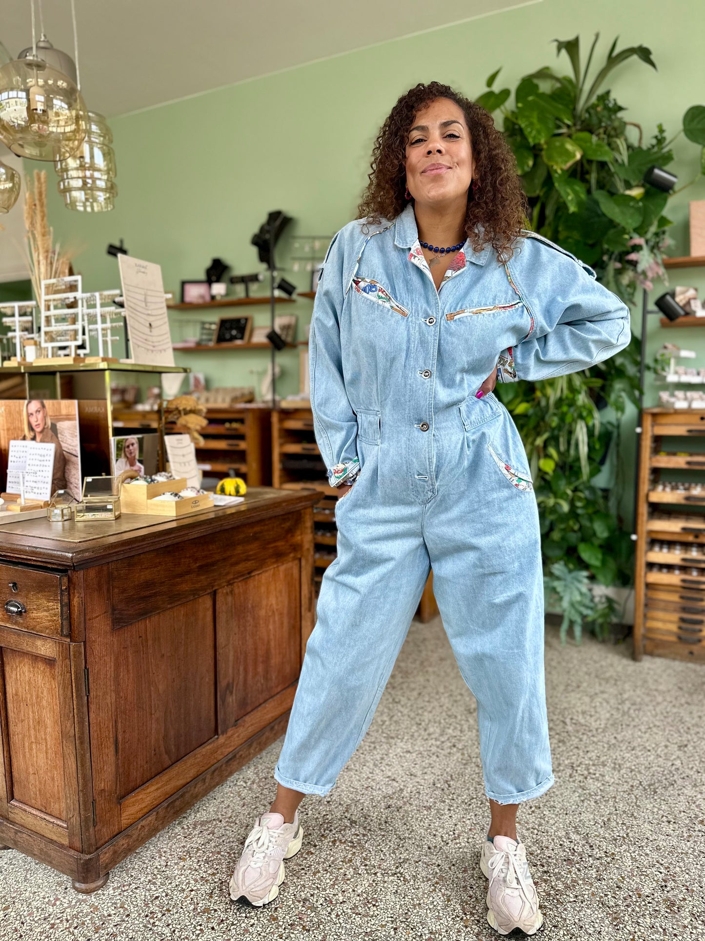 Vintage denim jumpsuit met comic  print - XL
