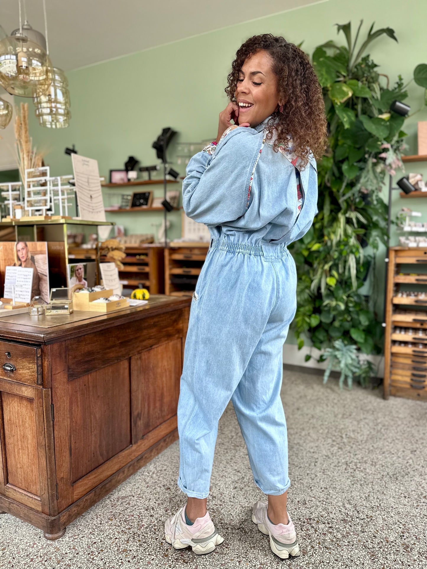 Vintage denim jumpsuit met comic  print - XL