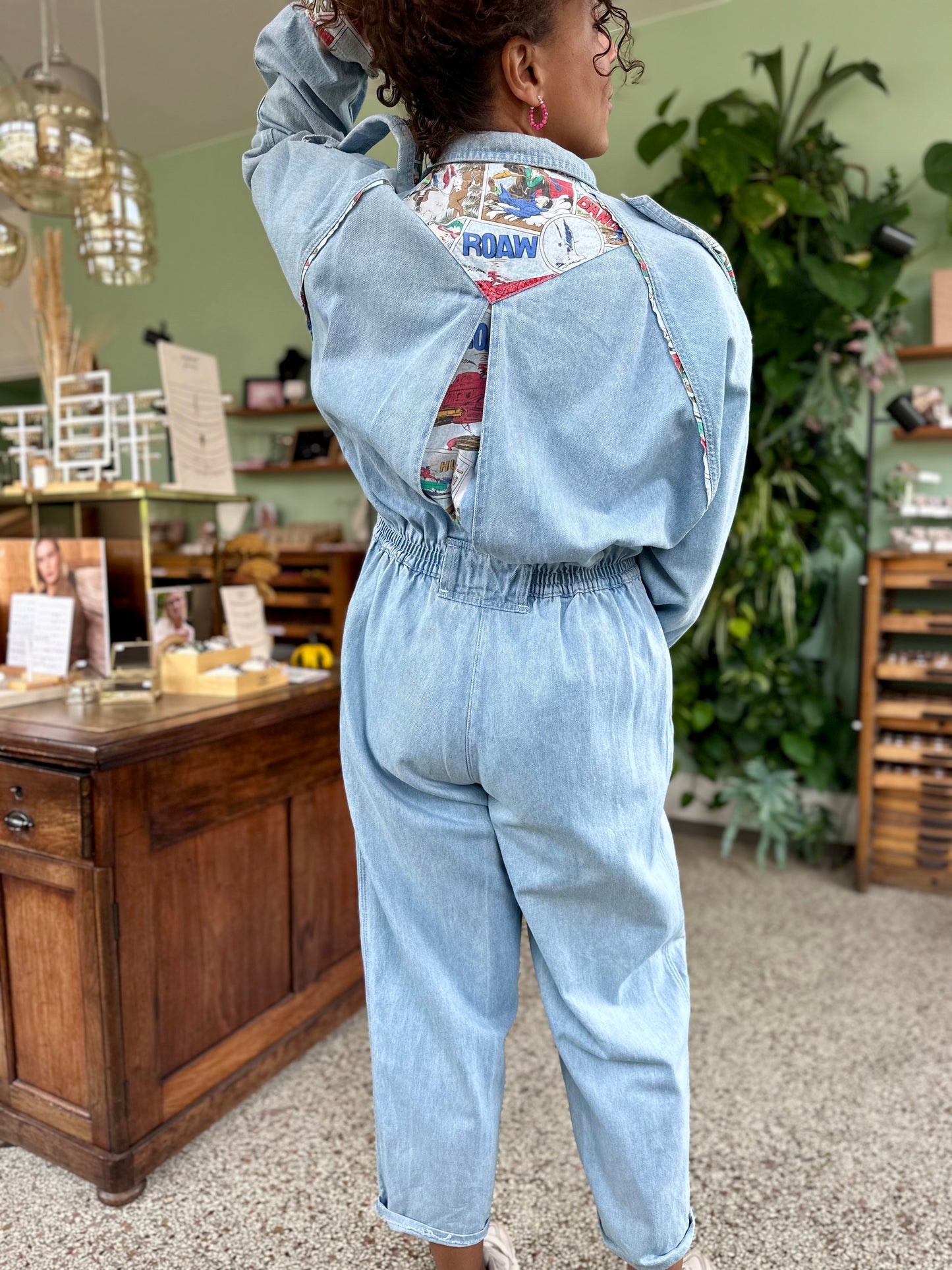Vintage denim jumpsuit met comic  print - XL
