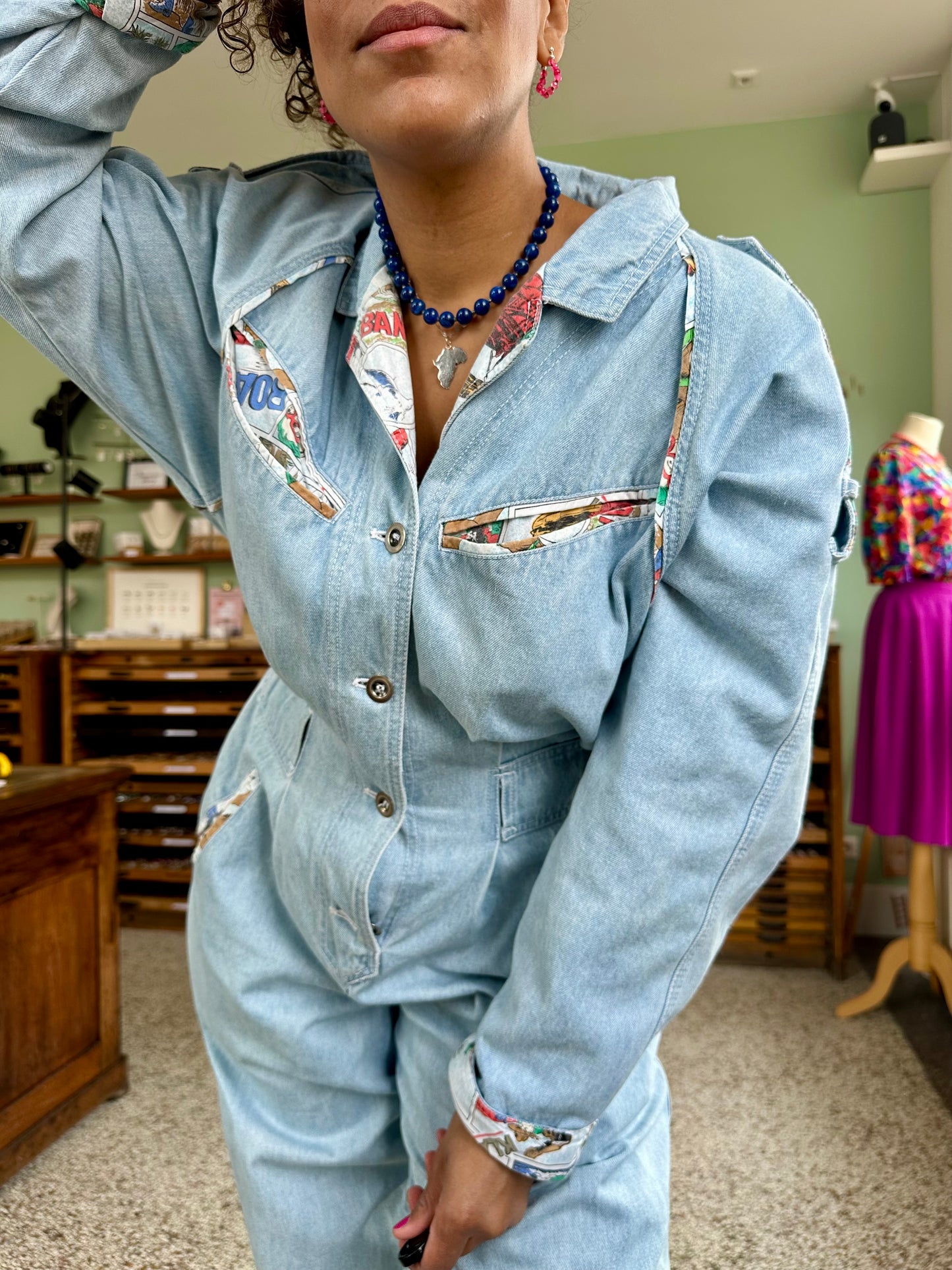 Vintage denim jumpsuit met comic  print - XL