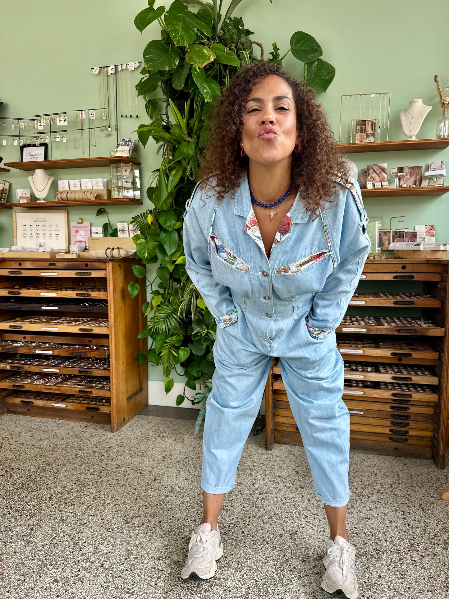 Vintage denim jumpsuit met comic  print - XL