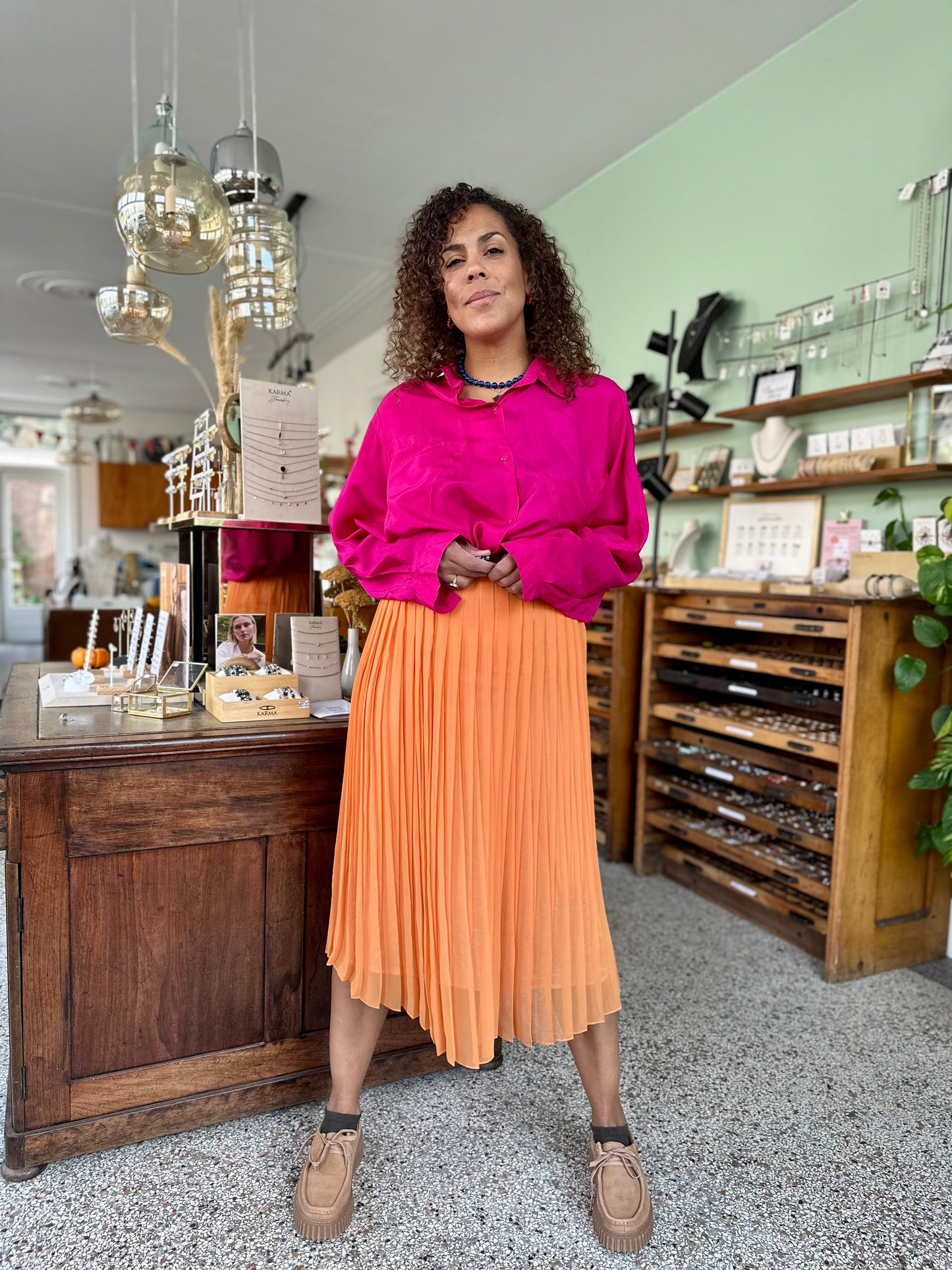 Vintage oranje plooirok van mesh