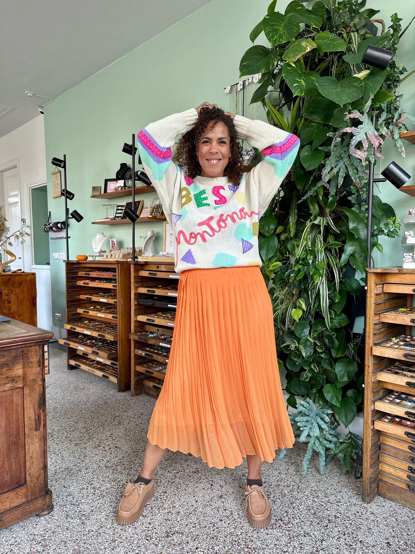 Vintage oranje plooirok van mesh