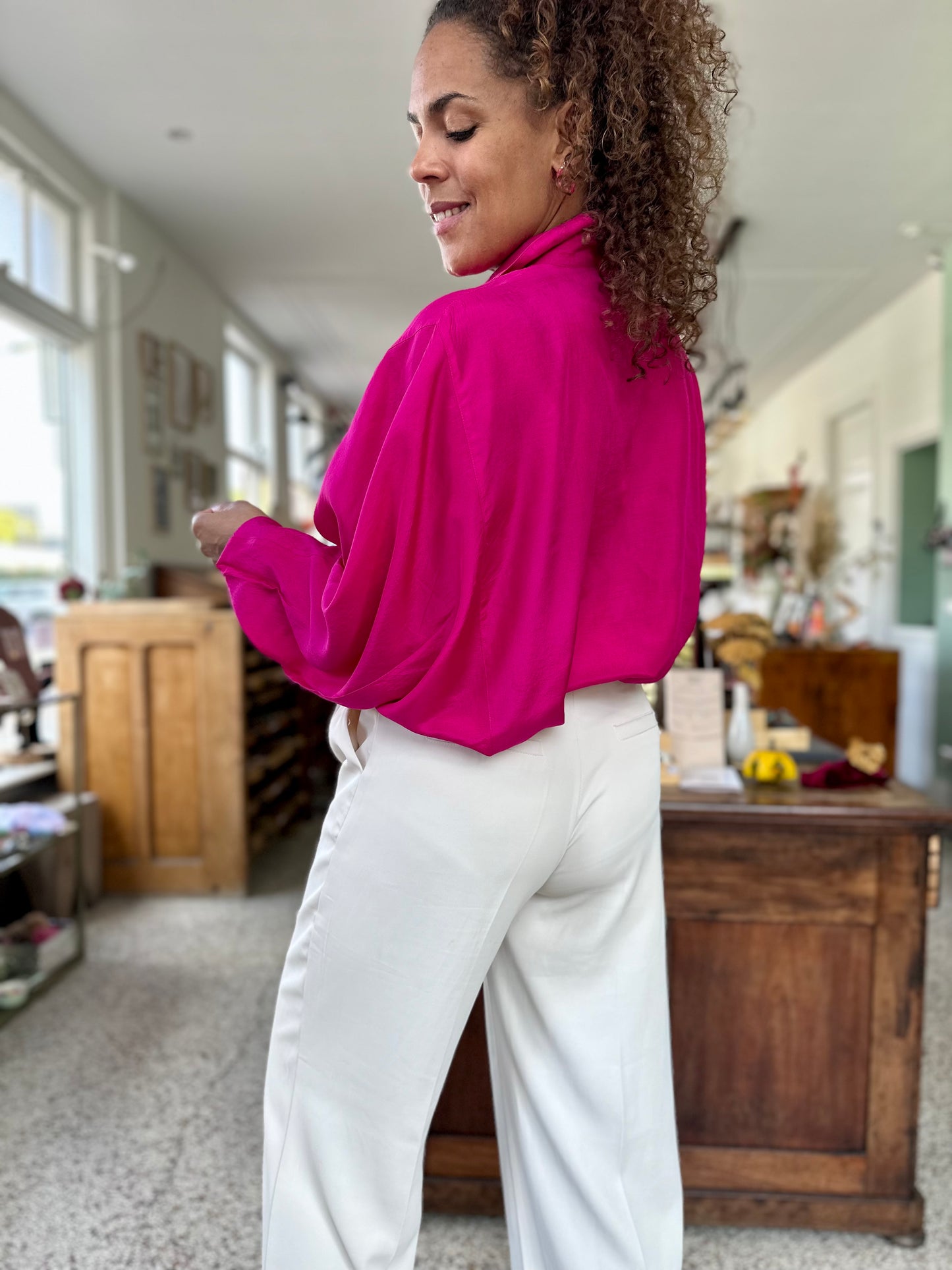 Vintage fuchsia zijden blouse - XL/XXL