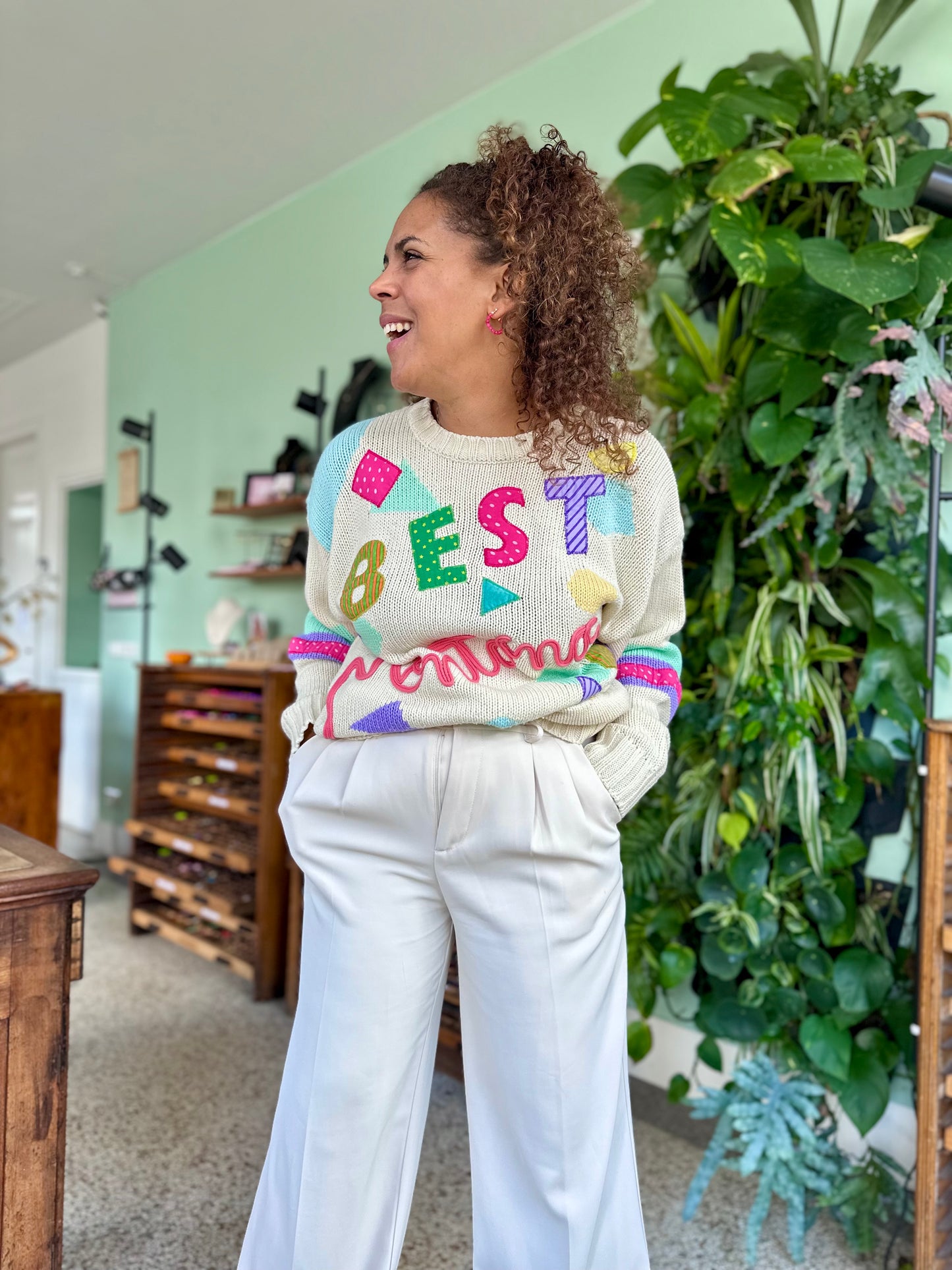 Vintage witte sweater met kleurrijke print