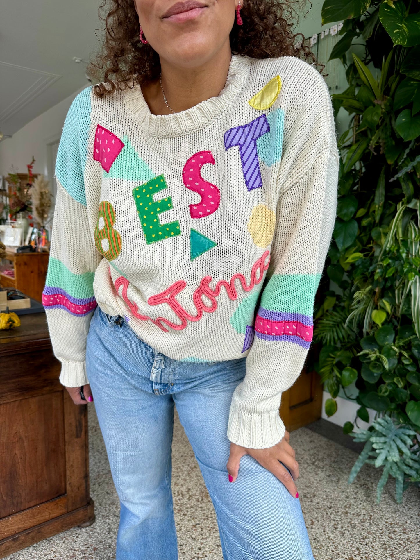Vintage witte sweater met kleurrijke print