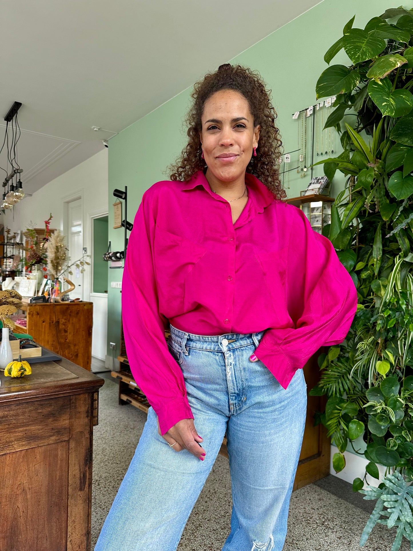 Vintage fuchsia zijden blouse - XL/XXL