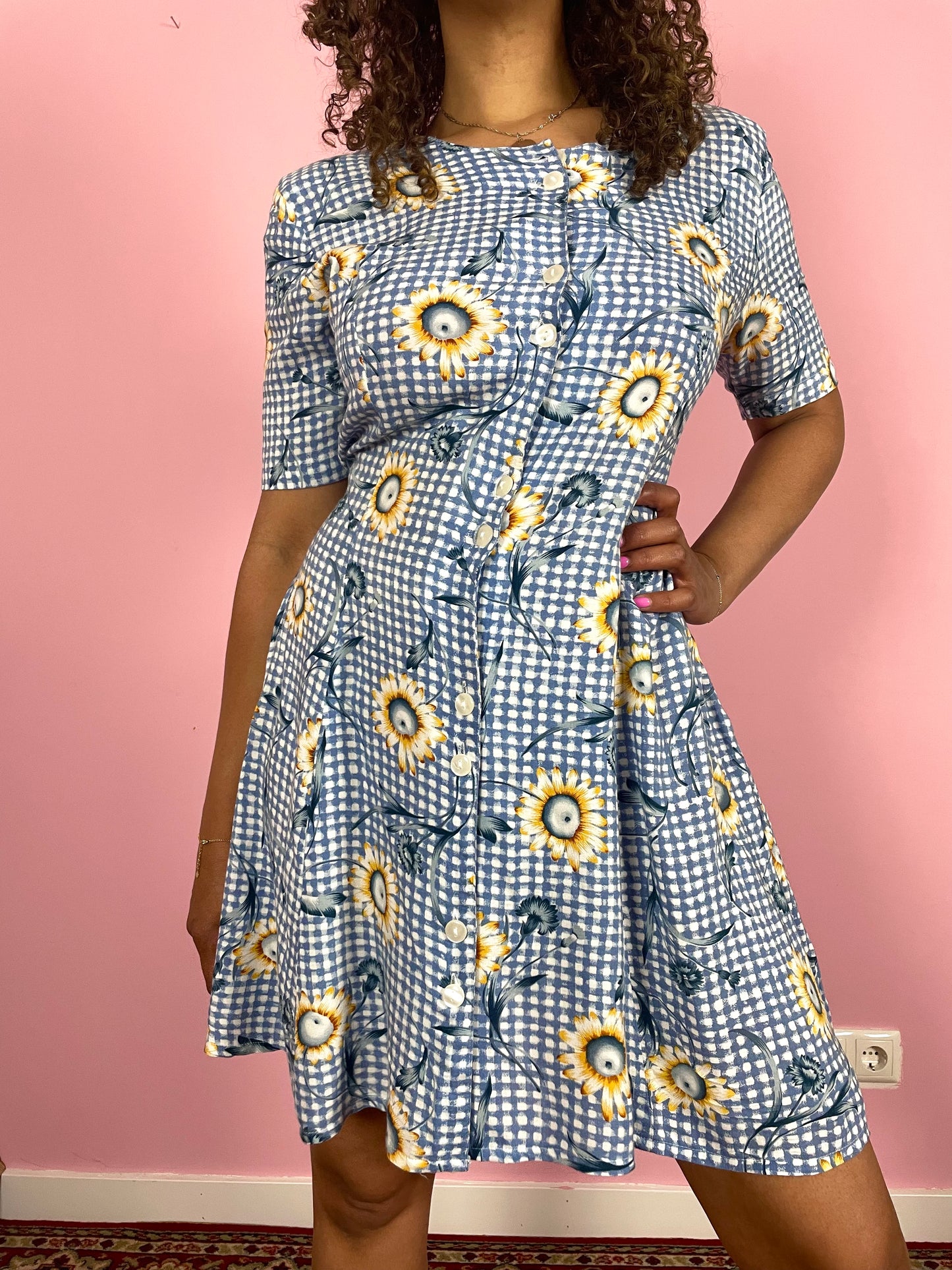 Vintage viscose zonnebloem mini jurk