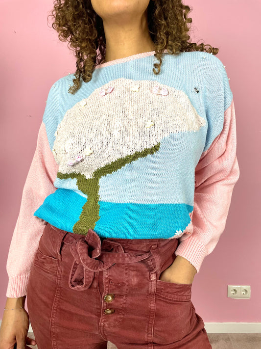 vintage handgebreide beaded katoenen sweater