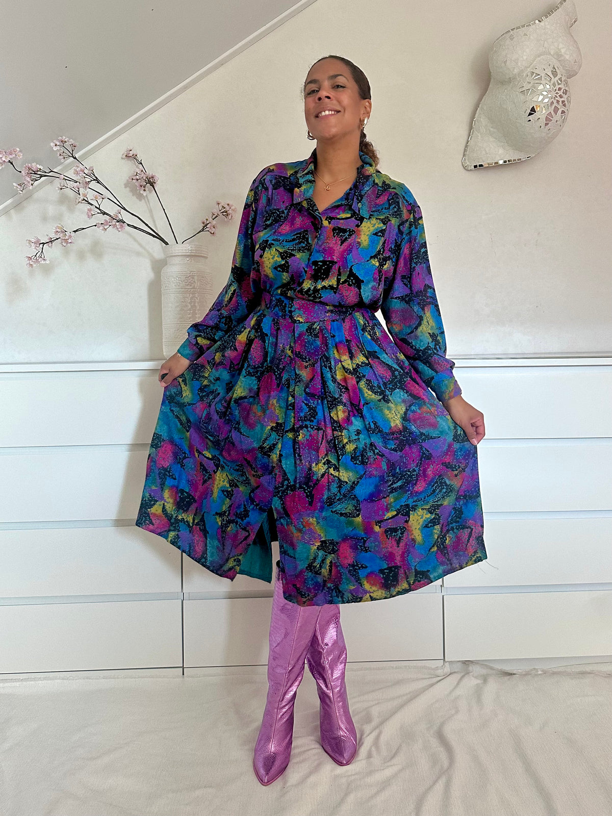 Vintage viscose co-ord set met kleurrijke bonte print -L/XL
